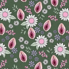 Summer vulva - proud body positive vagina women empowerment design with sunflowers and daisies pink mint lilac on dark olive green