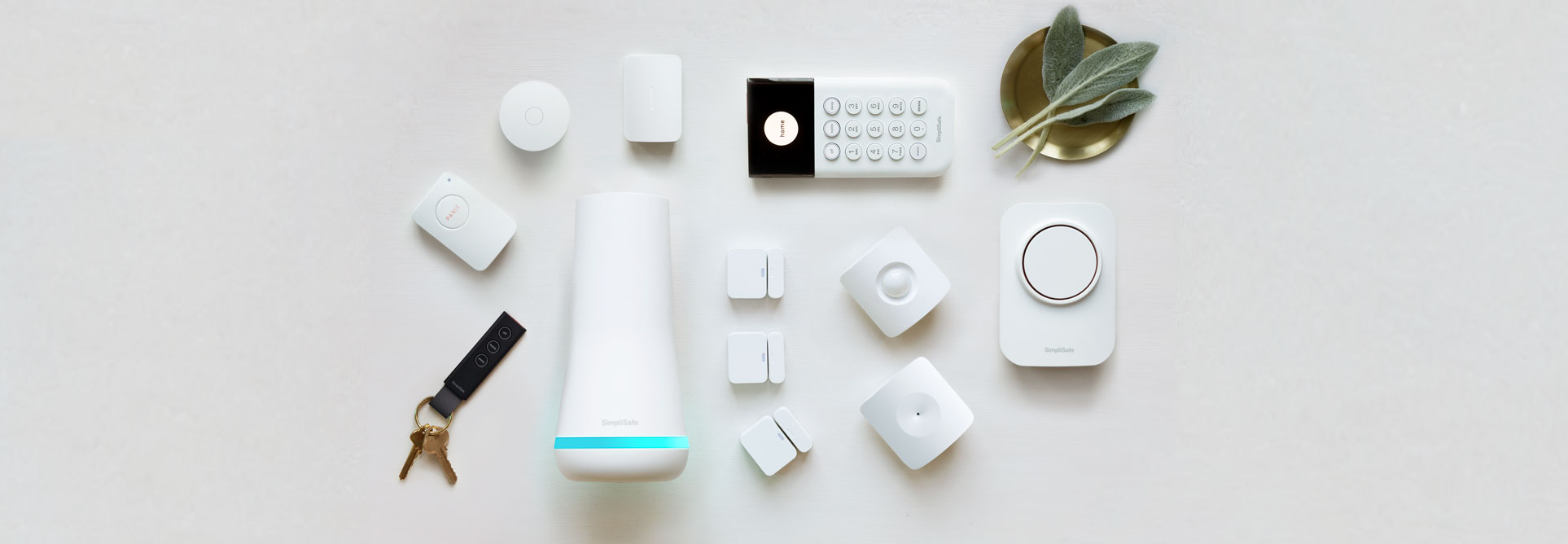 A layout of Gen 3 SimpliSafe® devices, including a Base Station, Keypad, Entry Sensors, Motion Sensor, and Glassbreak Sensor.