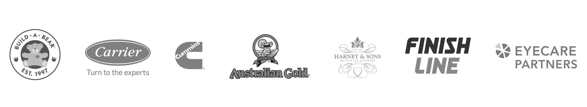 Logos for Build a Bear, Carrier, Cummins, Australian Gold, Harney & Sons, Finish Line, Eyecare Partners