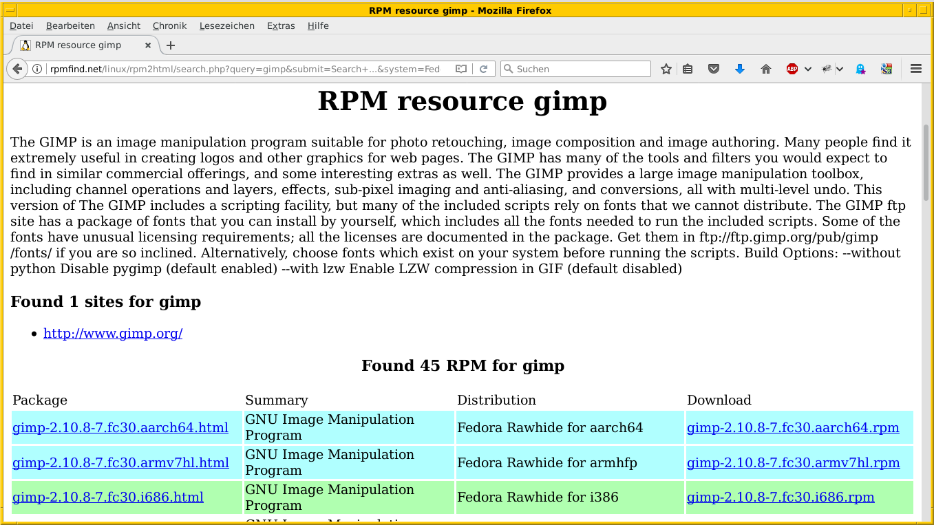 Rpmfind's search results for Gimp on Fedora
