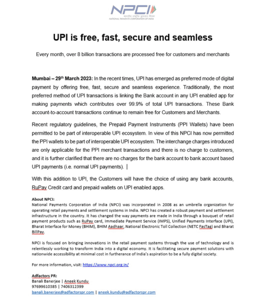 NCPI clears the confusion regarding UPI transaction charges