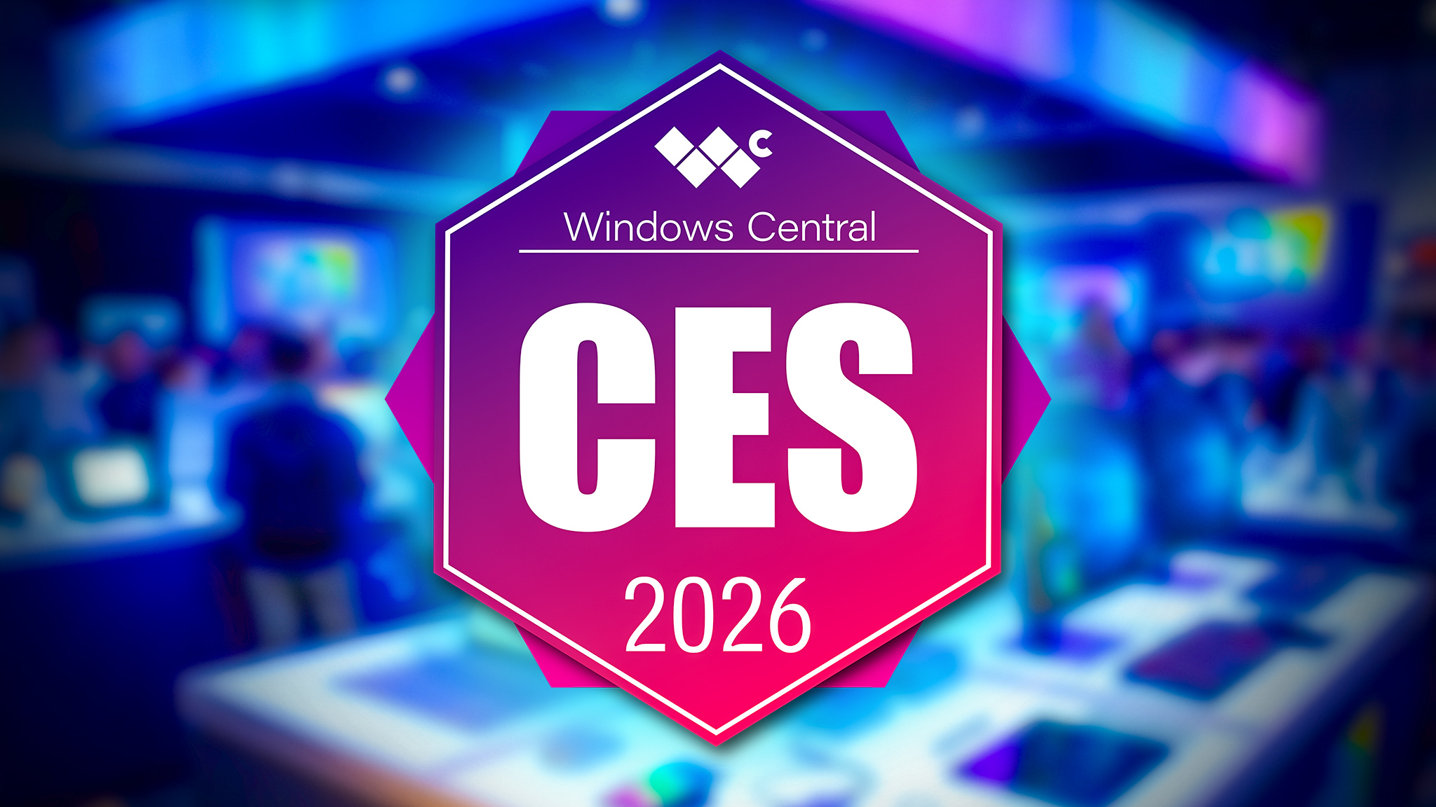 A badge that says "Windows Central CES 2026" on top of a blurred convention center background.