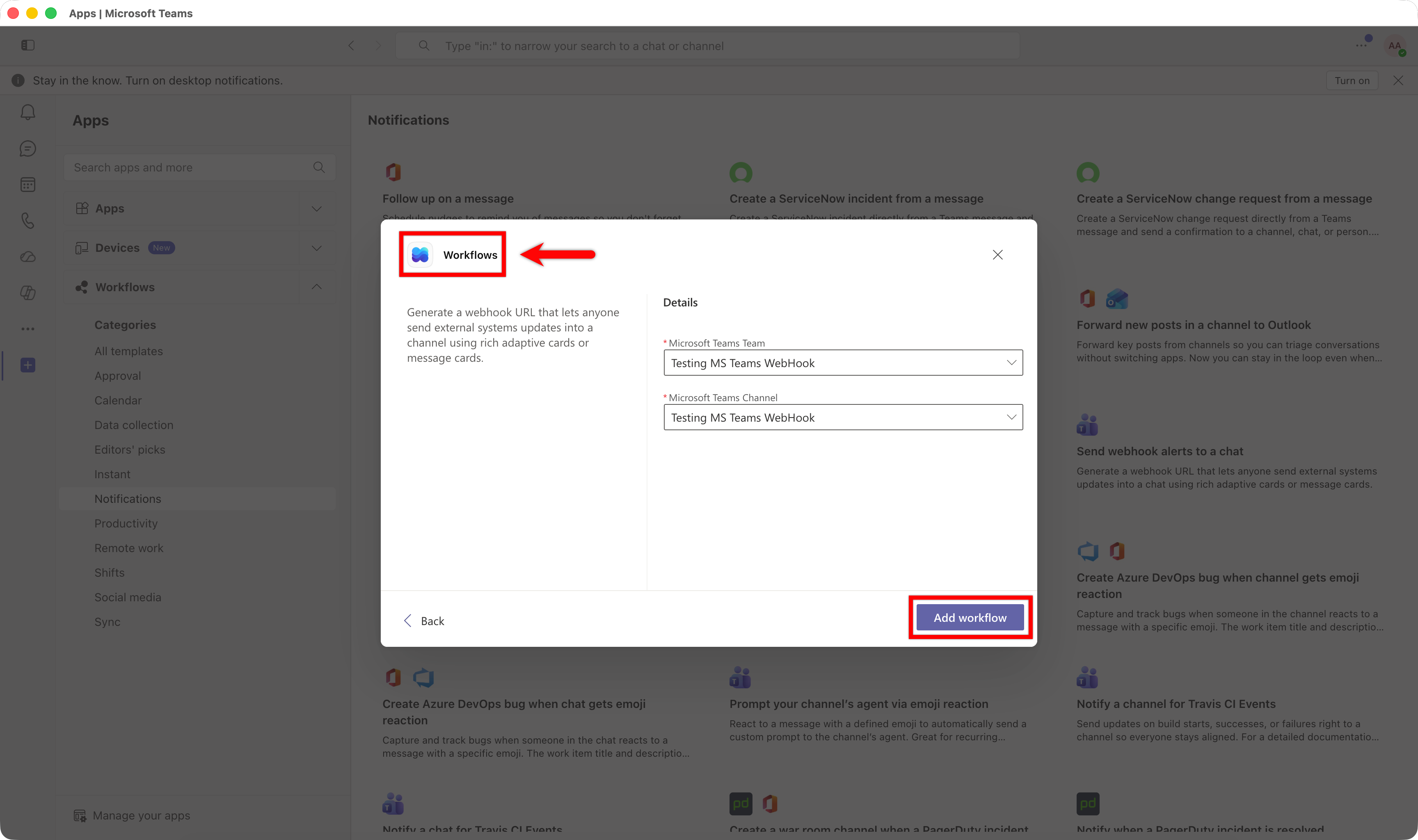 Workflows dialog - select Team and Channel, then Add workflow