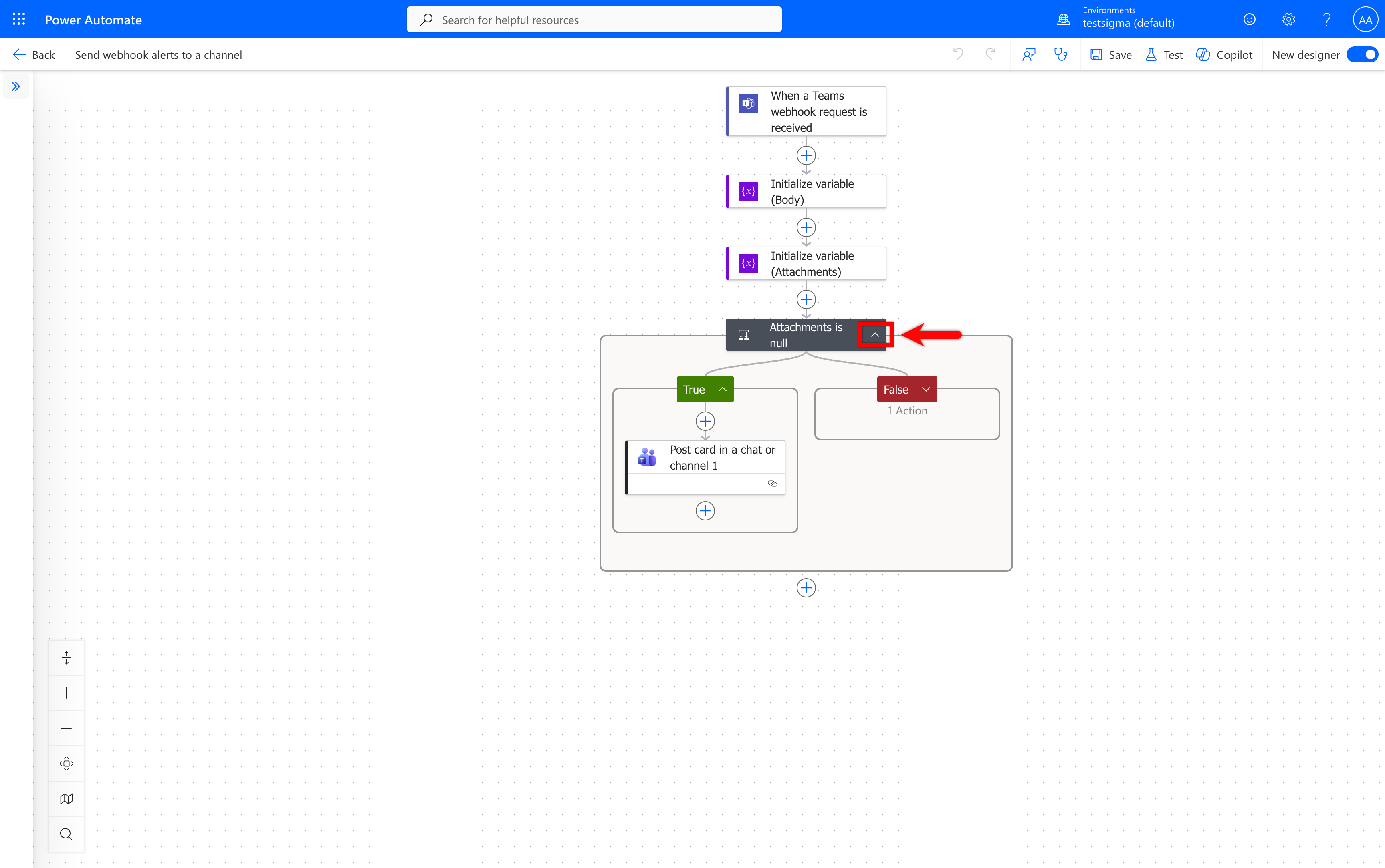 Power Automate flow editor - Post card in a chat or channel action
