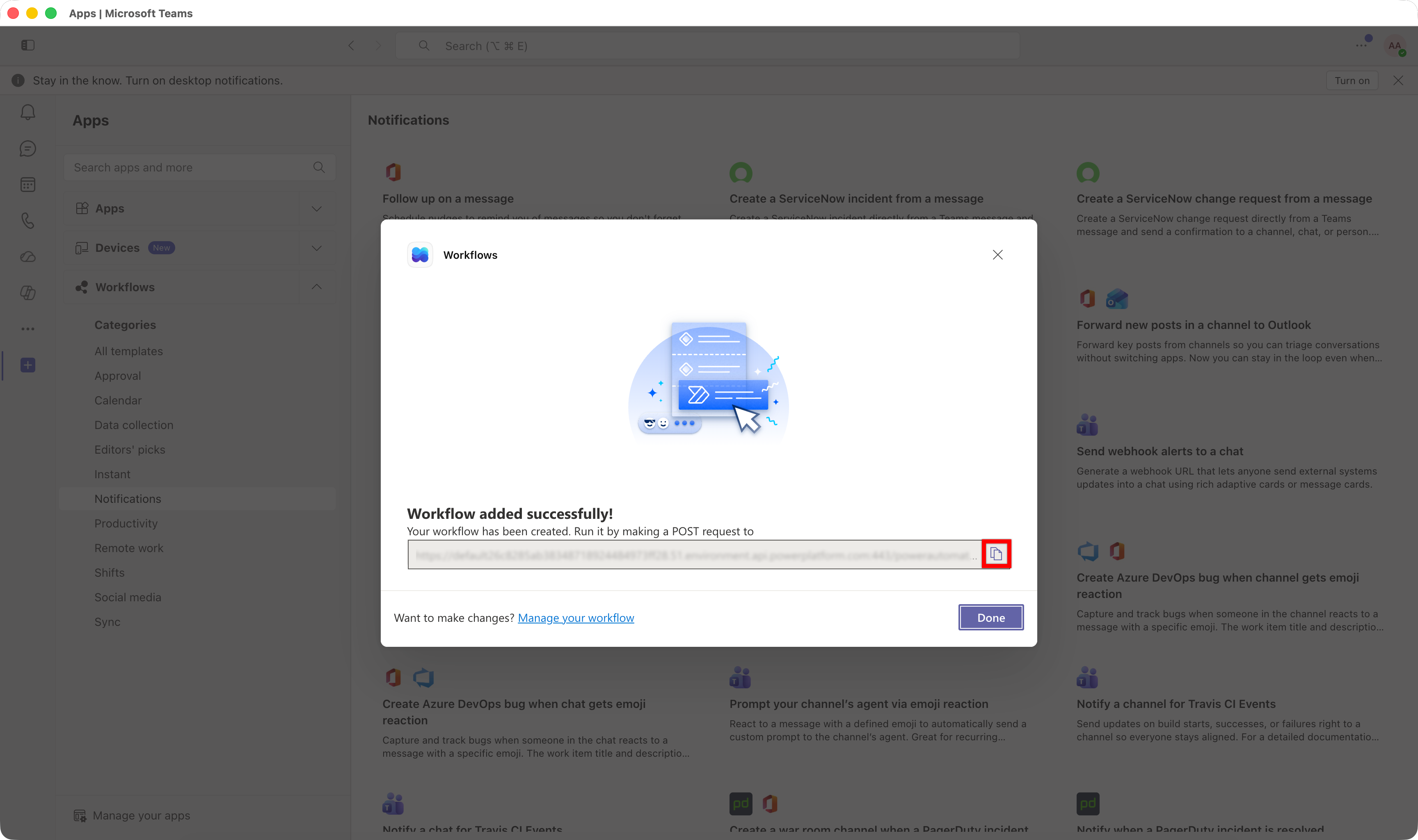 Generated Webhook URL in Microsoft Teams