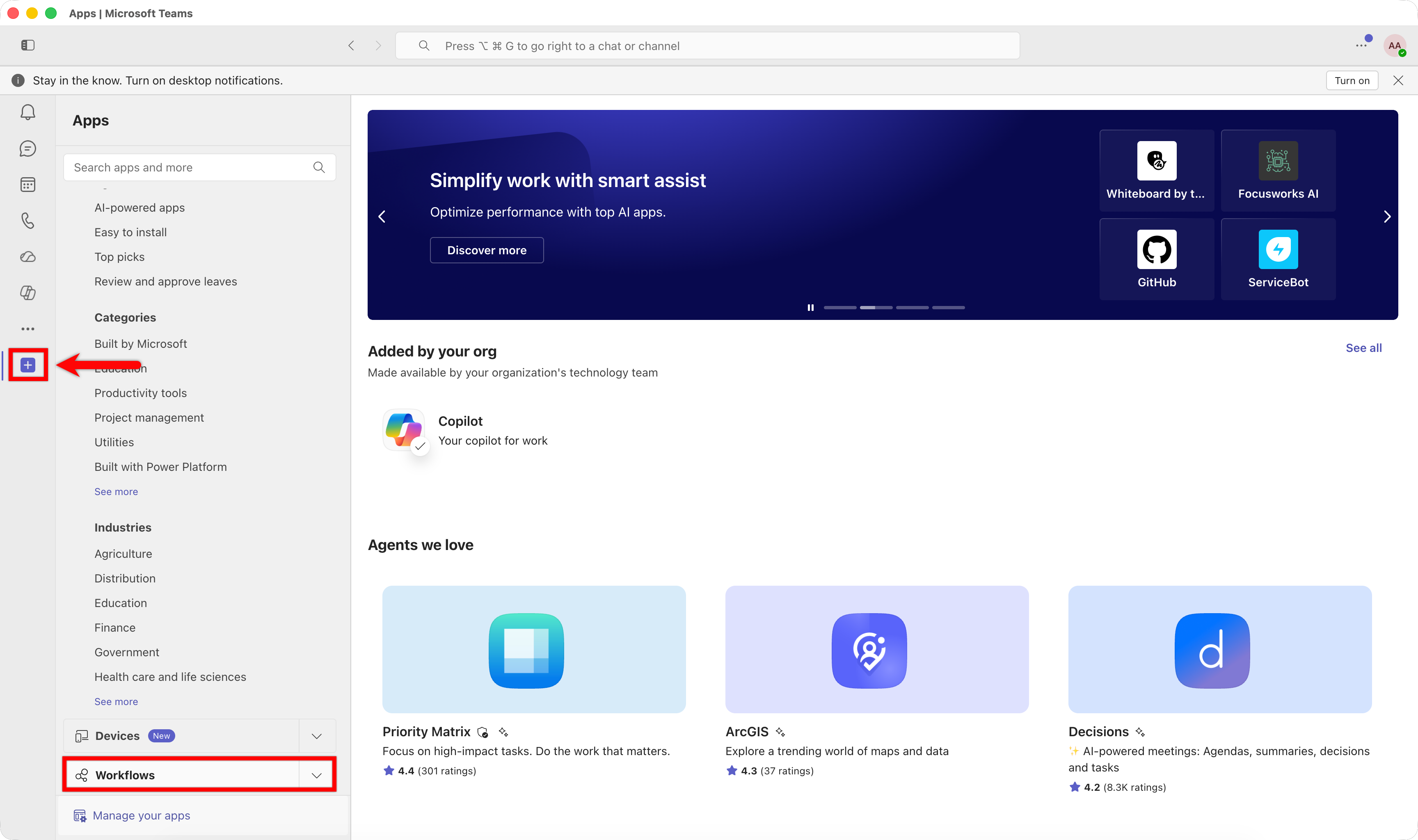 Search and select Workflows app in Microsoft Teams