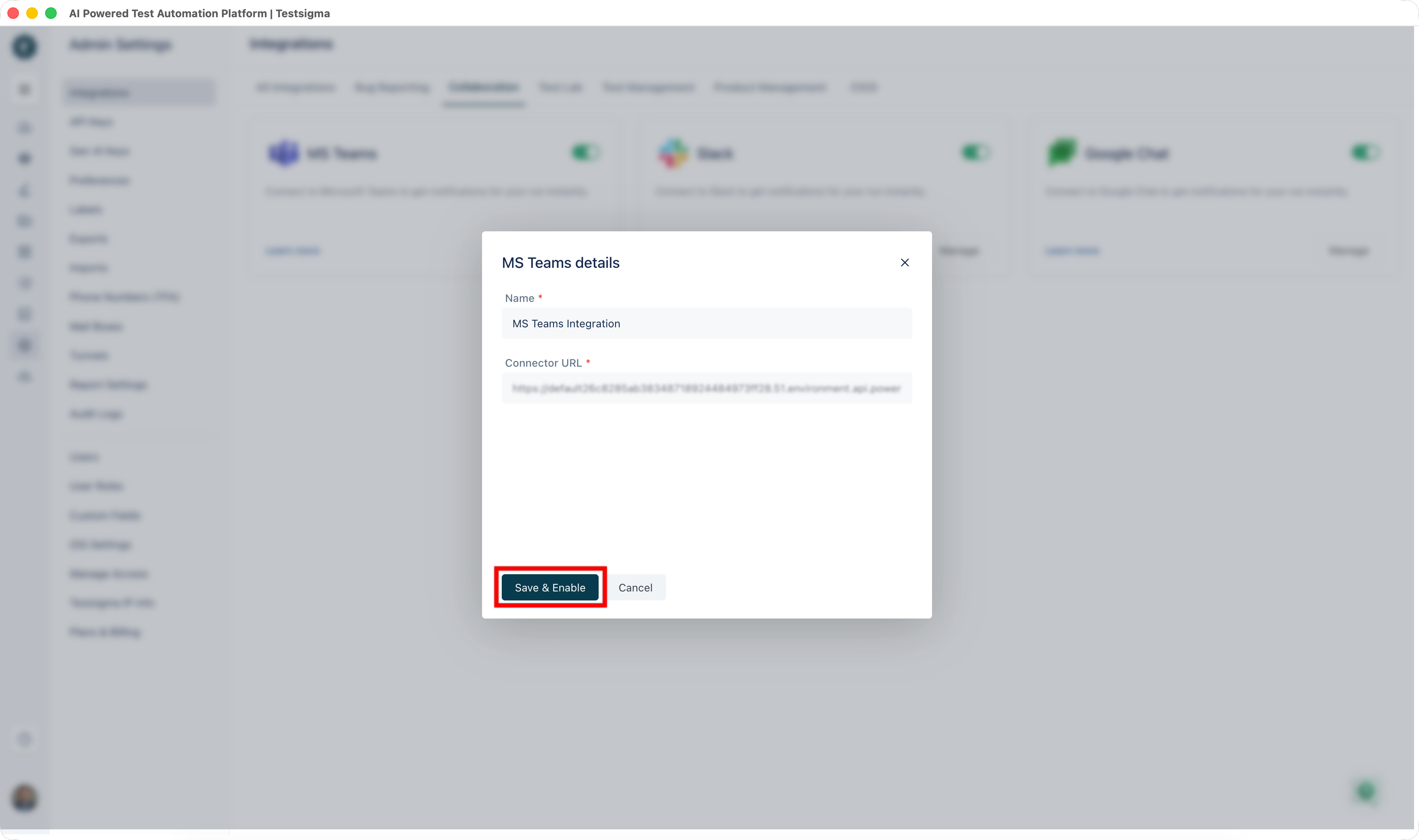 Testsigma MS Teams details dialog with Name and Webhook URL fields