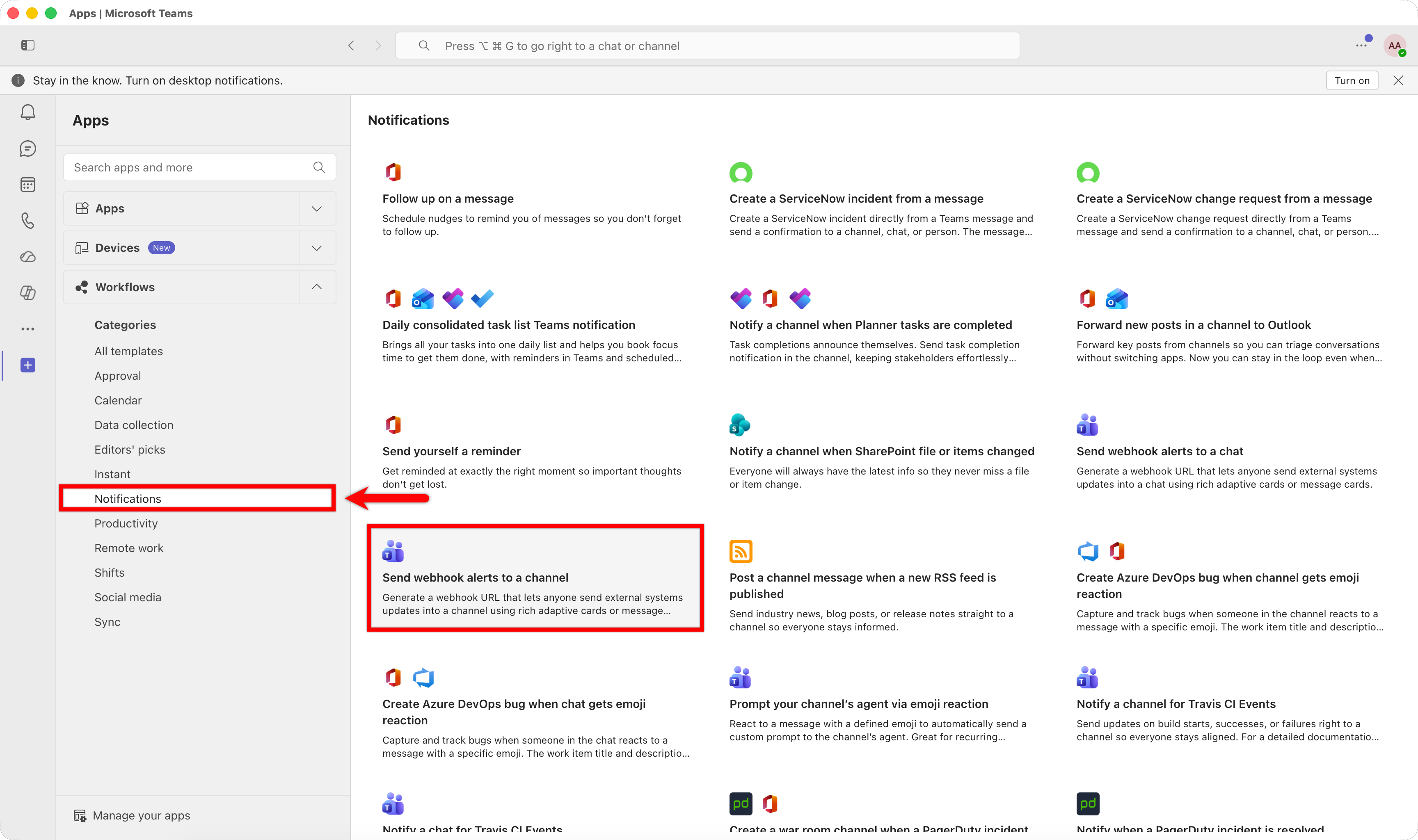 Select Send webhook alerts to a channel template