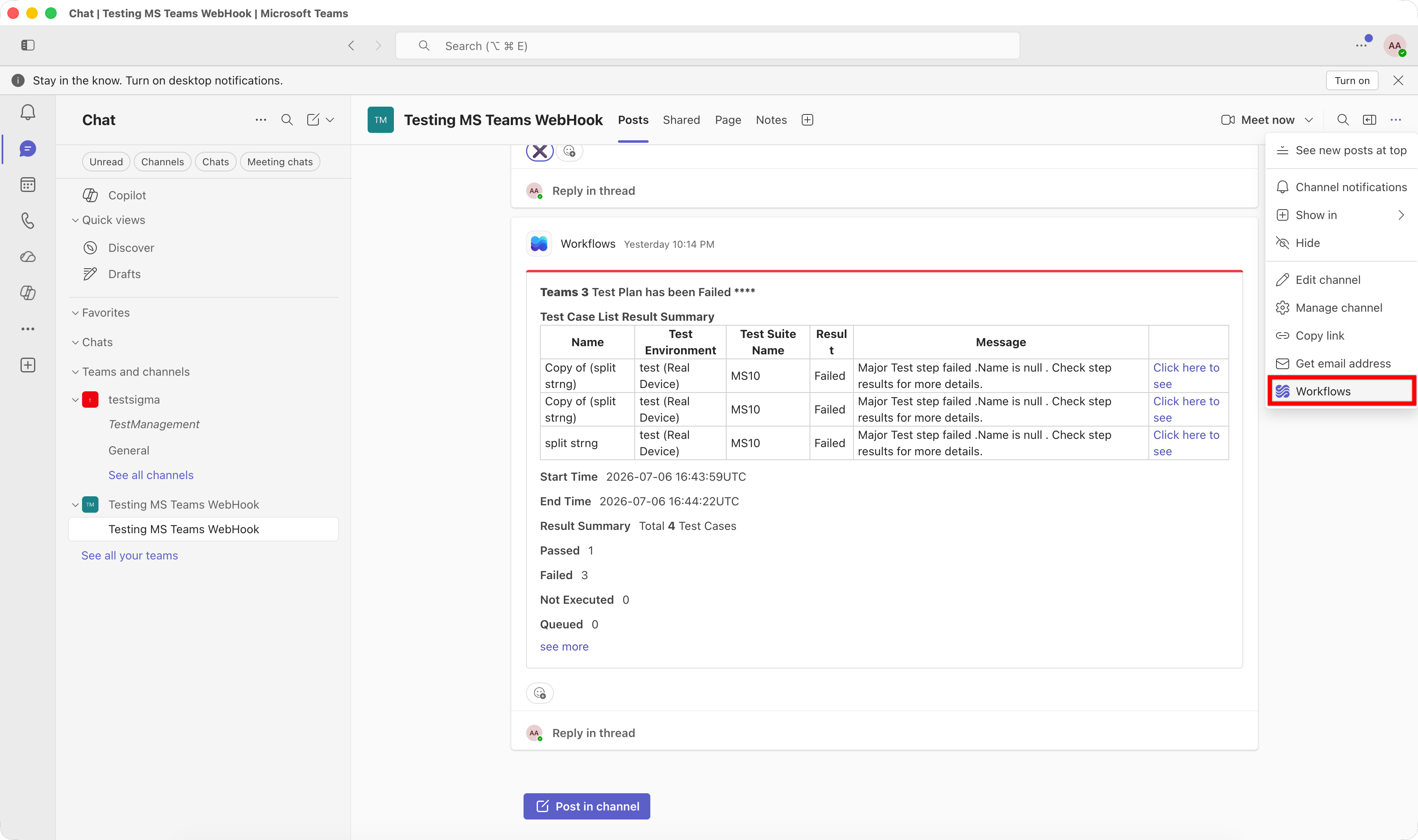 Channel header ellipsis menu - Workflows option