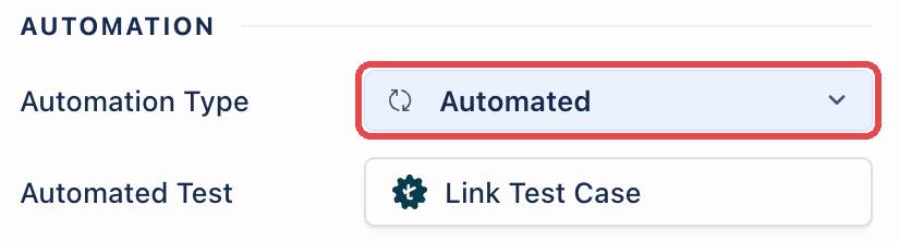 The AUTOMATION section of a test case with Automation Type set to Automated.