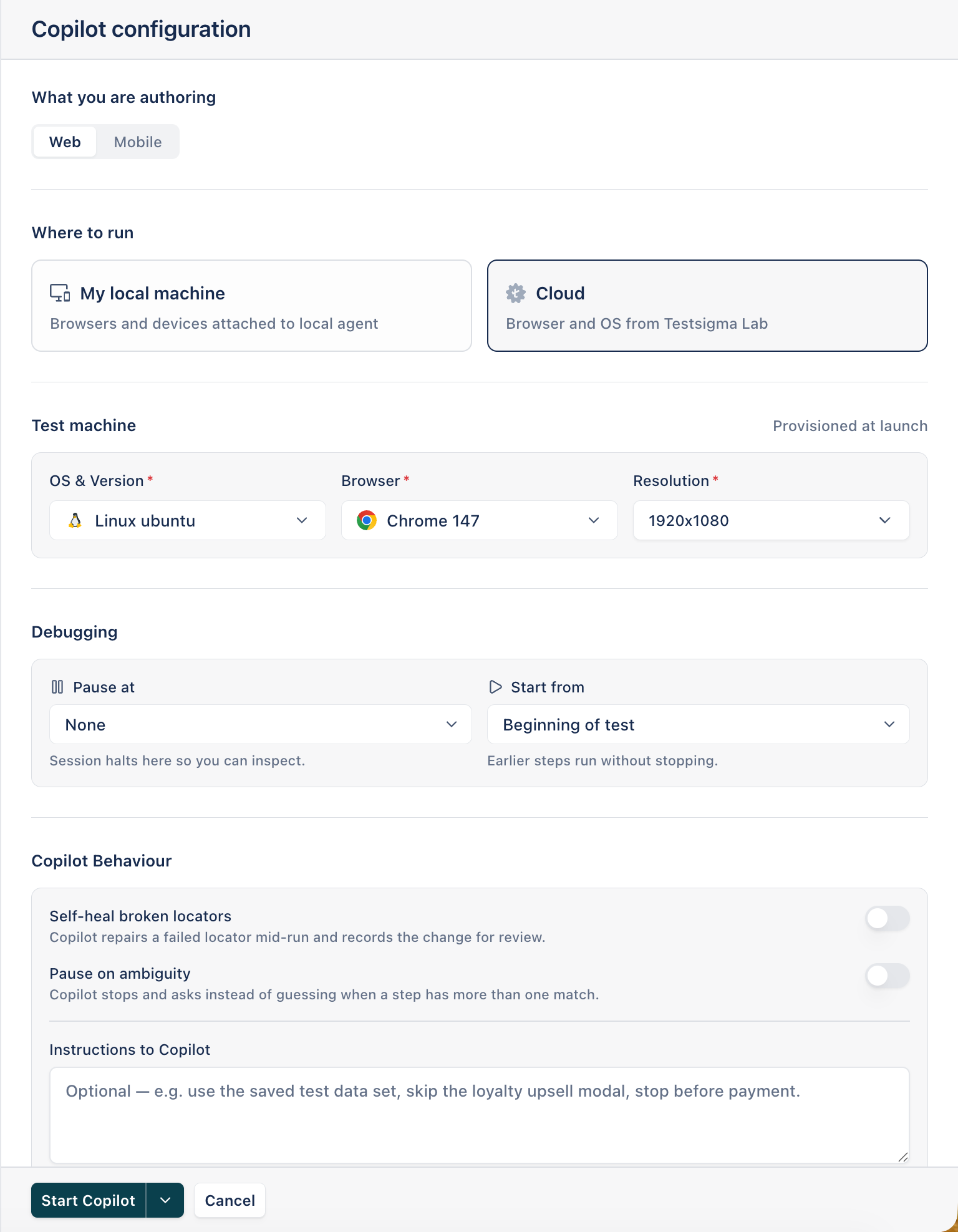 The Copilot configuration panel with Web and Cloud selected, Linux ubuntu, Chrome 147, and 1920x1080 as the test machine, and the Debugging and Copilot Behaviour sections.