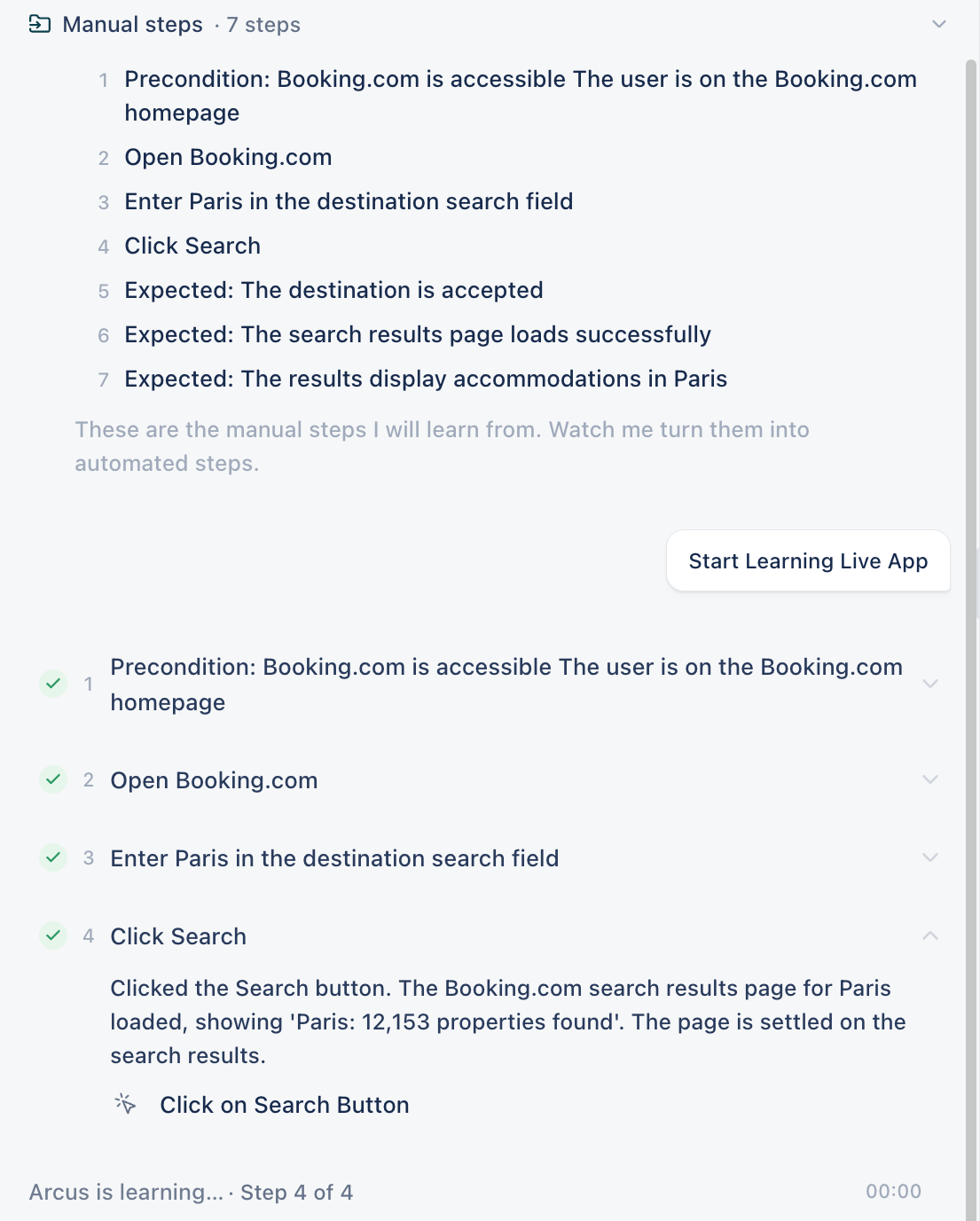 The Copilot panel while learning, with steps 1 to 4 marked done and step 4 expanded to show the generated step Click on Search Button.