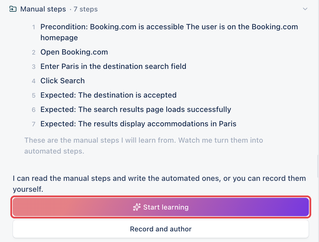 The Copilot panel listing 7 manual steps, with the Start learning button outlined above Record and author.