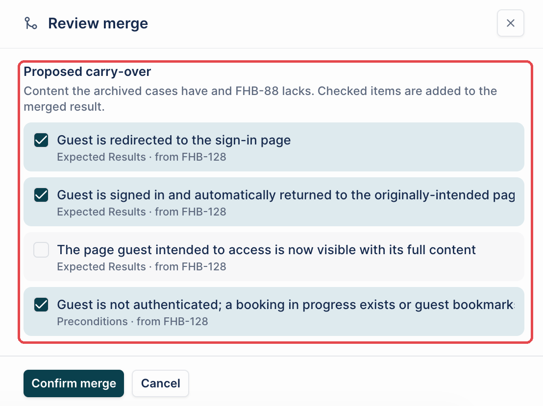 Review merge panel with the Proposed carry-over list highlighted