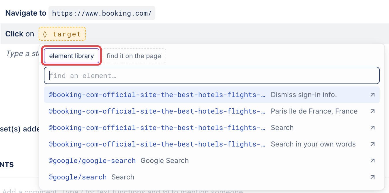 The element library popover listing elements, with the element library tab outlined.