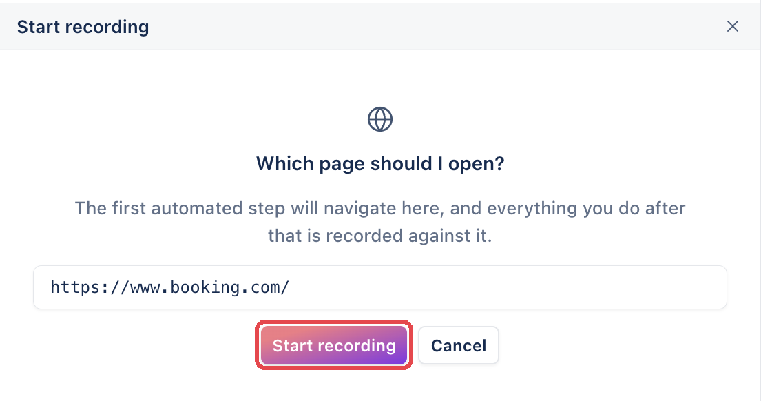 The Start recording panel asking Which page should I open, with https://www.booking.com/ entered and the Start recording button outlined.
