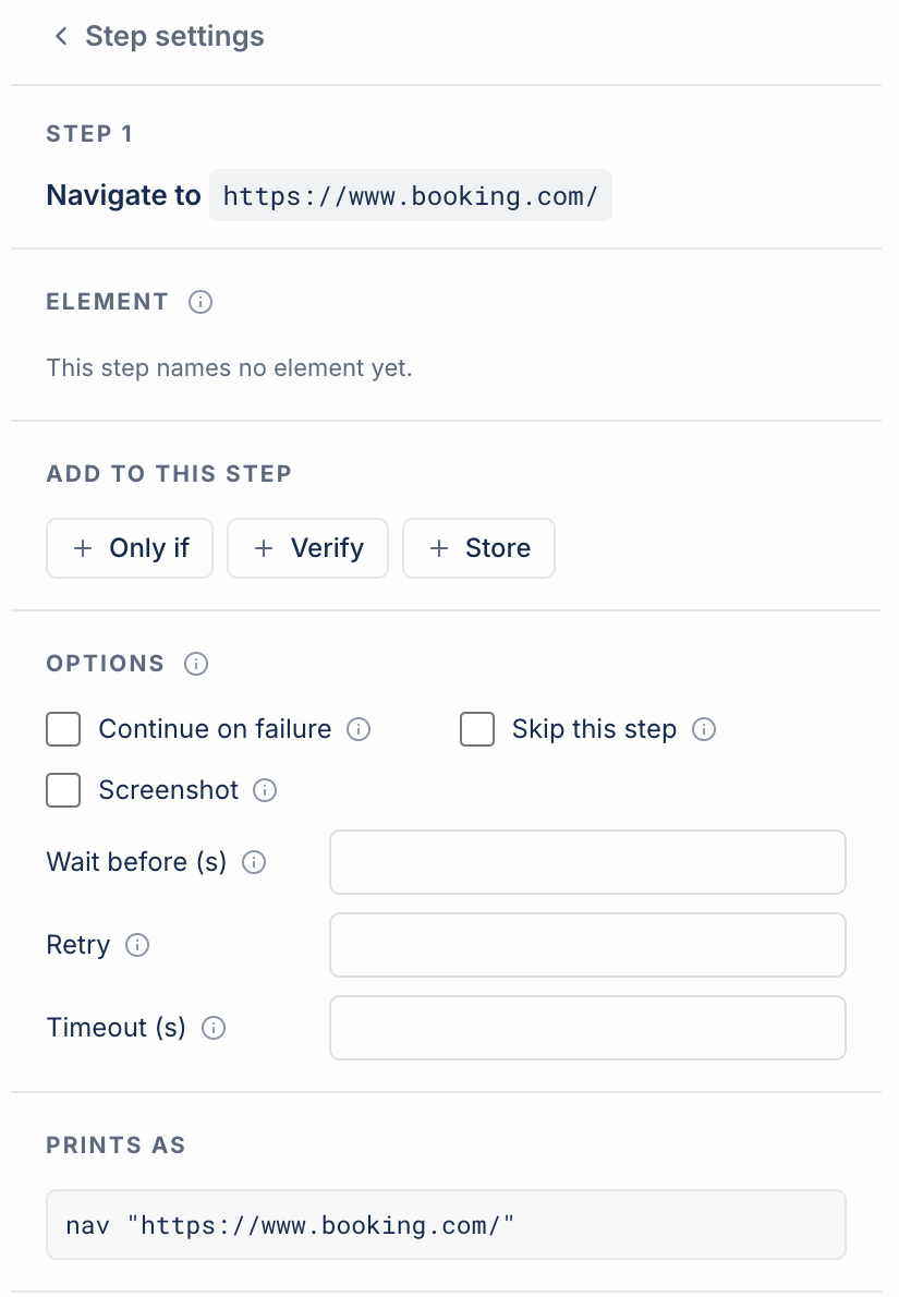 The Step settings panel for a Navigate to step, showing ELEMENT, ADD TO THIS STEP, OPTIONS, and PRINTS AS.