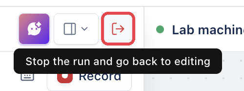 The Stop the run and go back to editing icon at the top of the Copilot panel, with its tooltip.