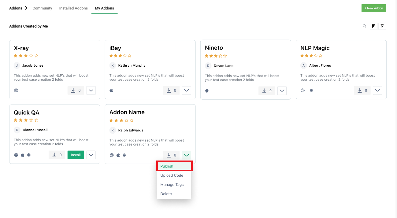 add-on options after code upload