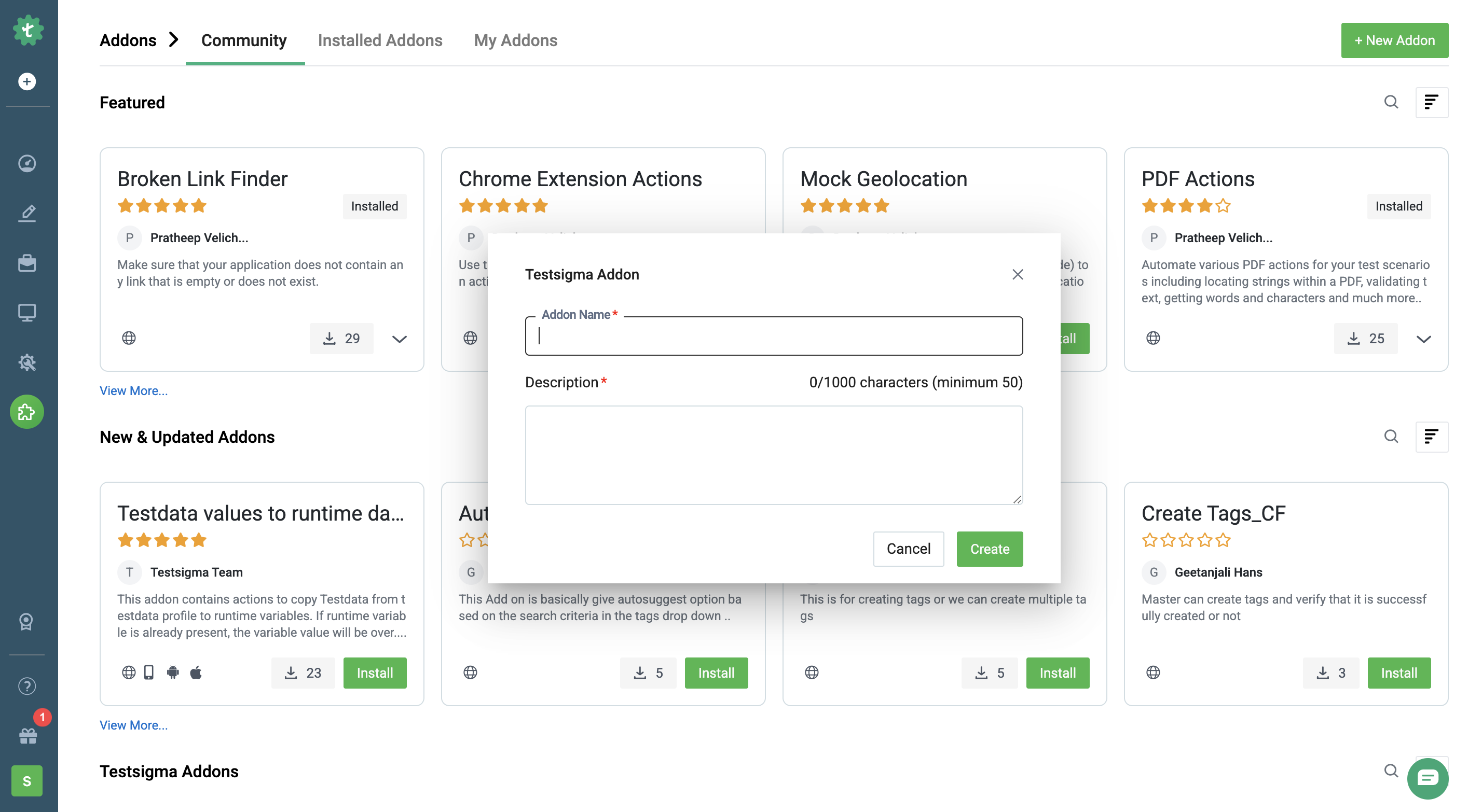 Create add-on Form in My add-ons tab on add-ons page