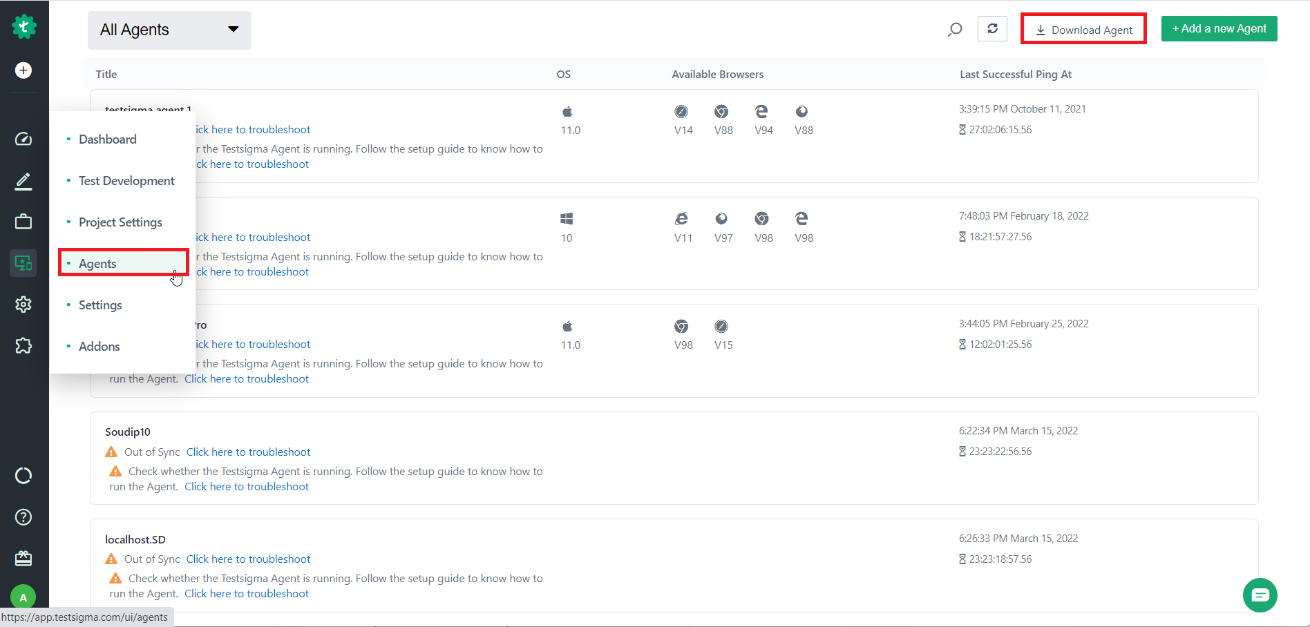 agents page and the button to download agent