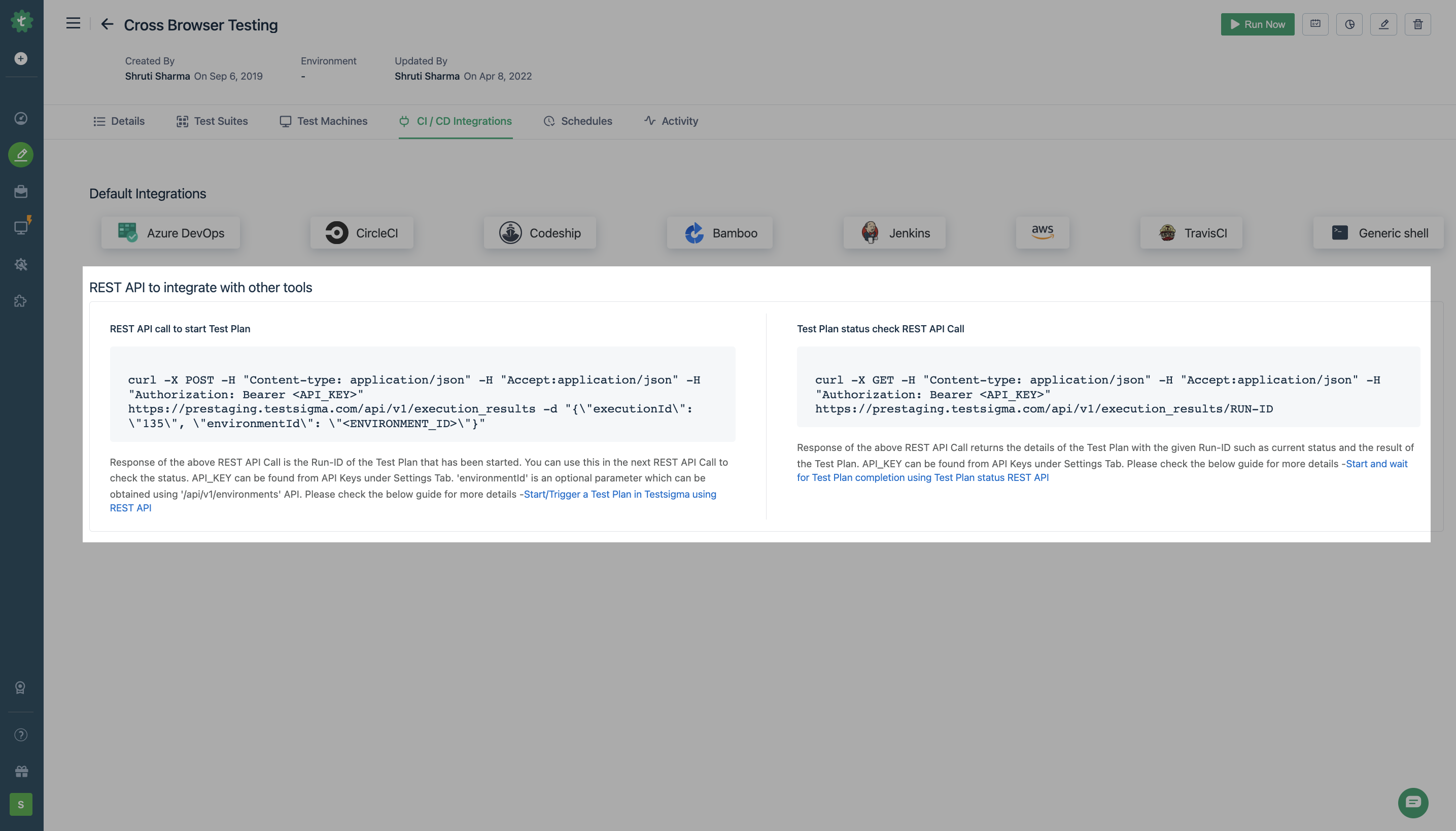 Test Plan detains inside the CICD tab of a test plan