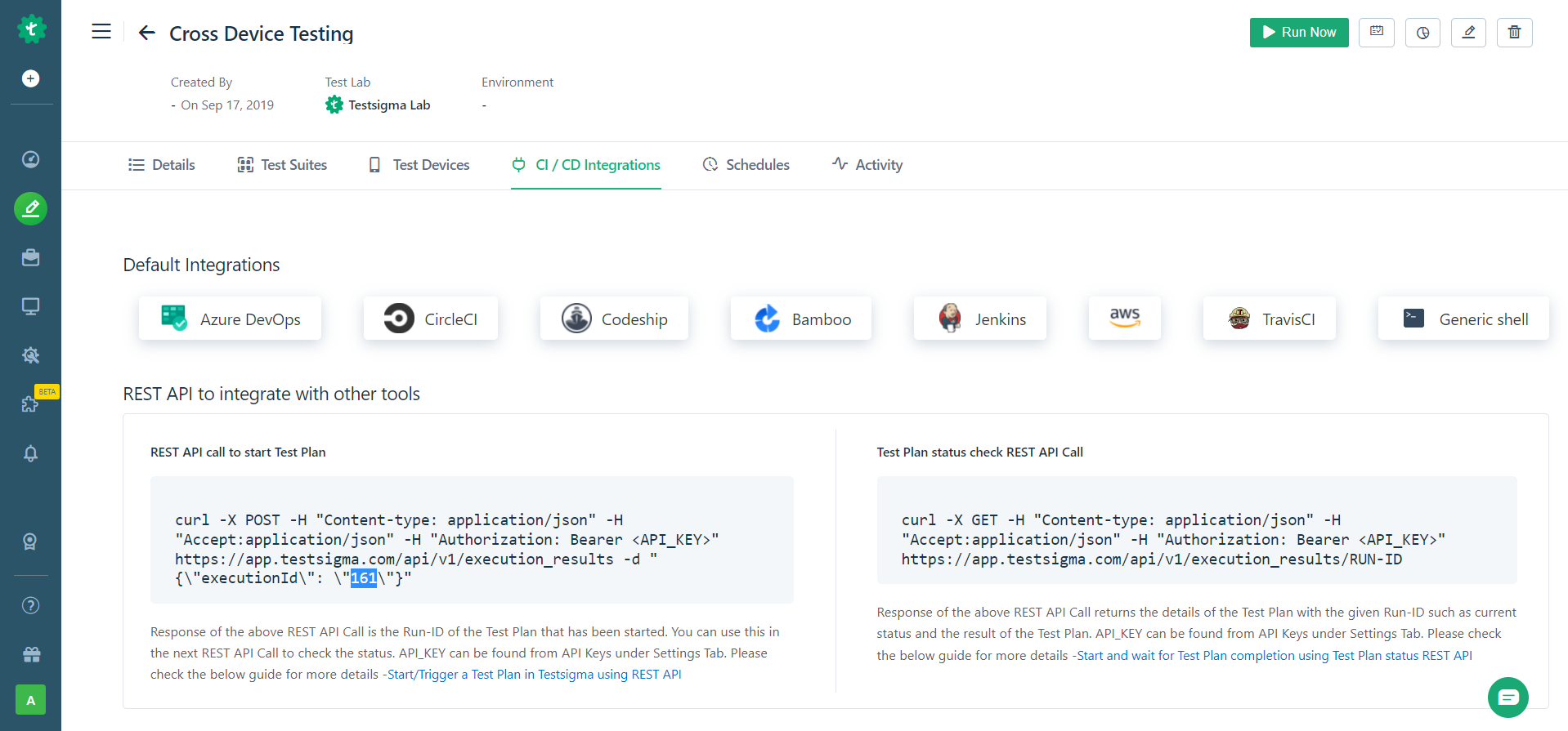 CI/CD integration in Testsigma