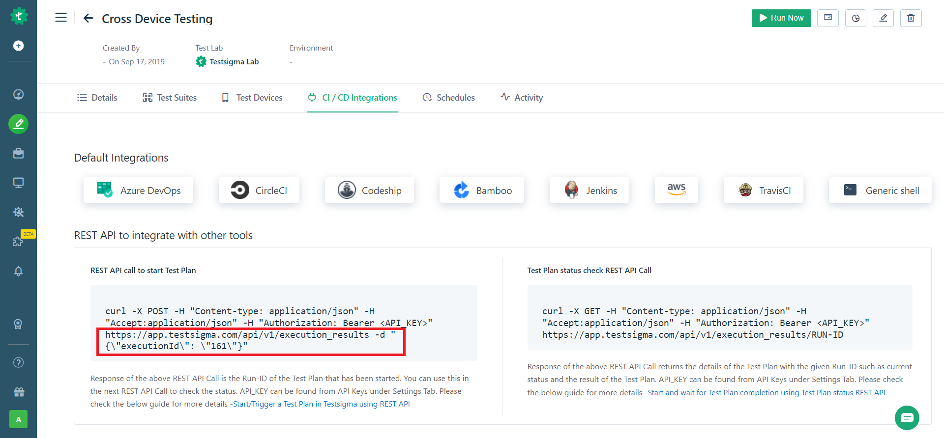 URL details for a test plan in Testsigma