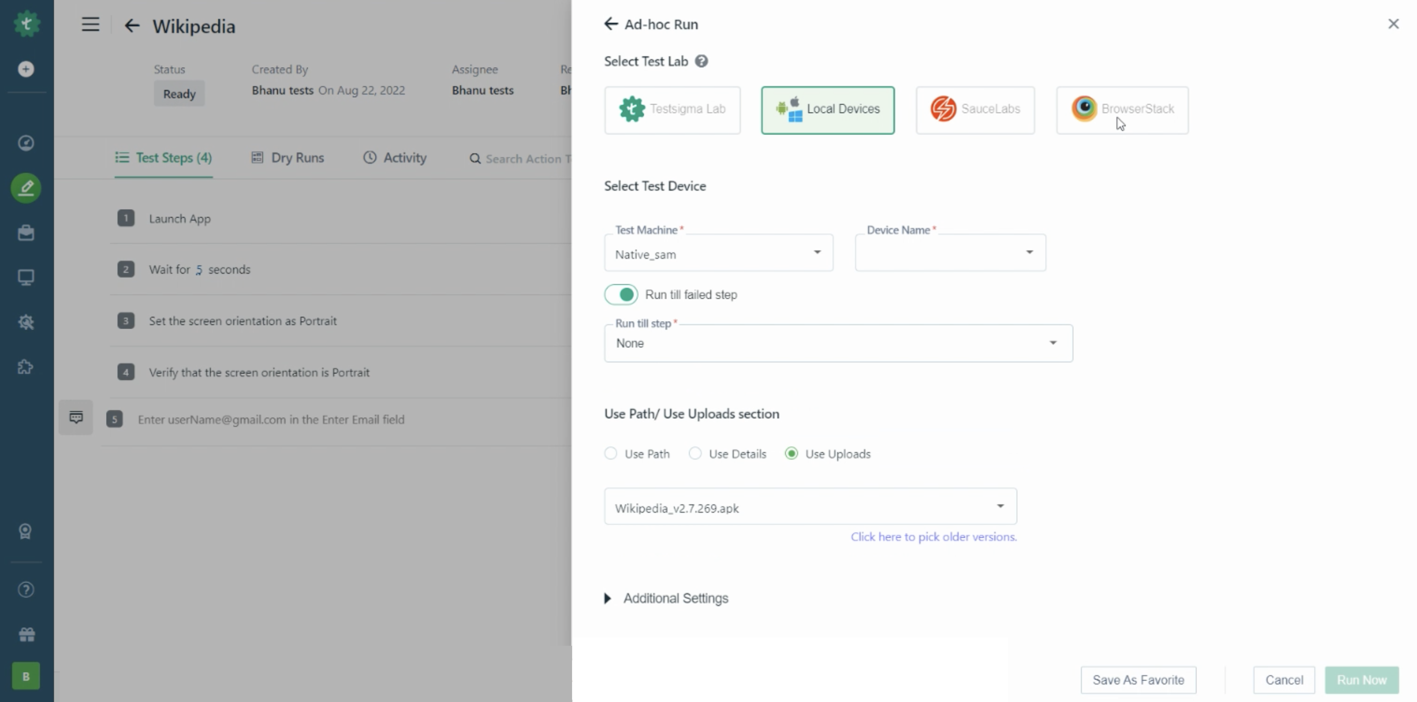 The drop down to run a test case in debug mode.