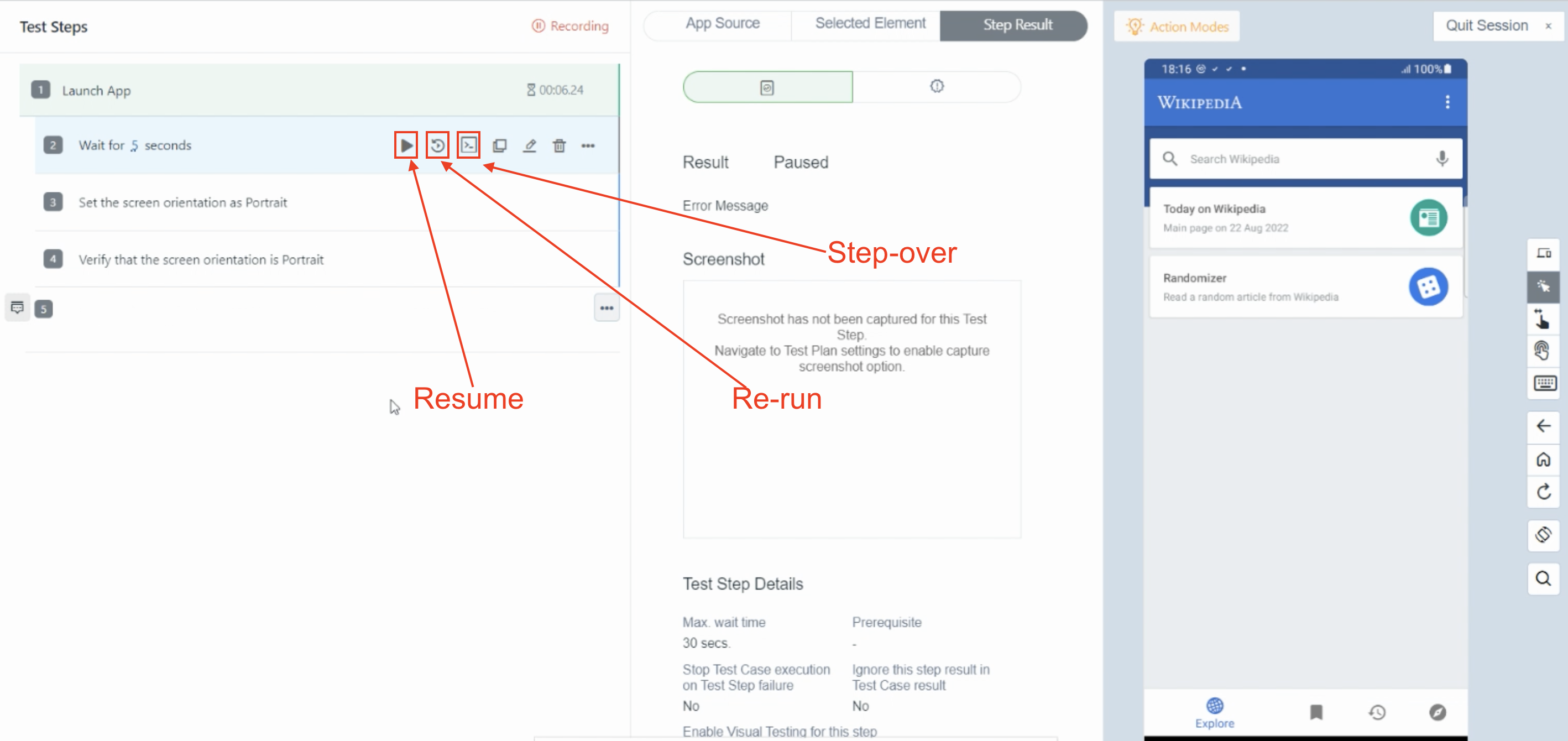 The test step actions for debug