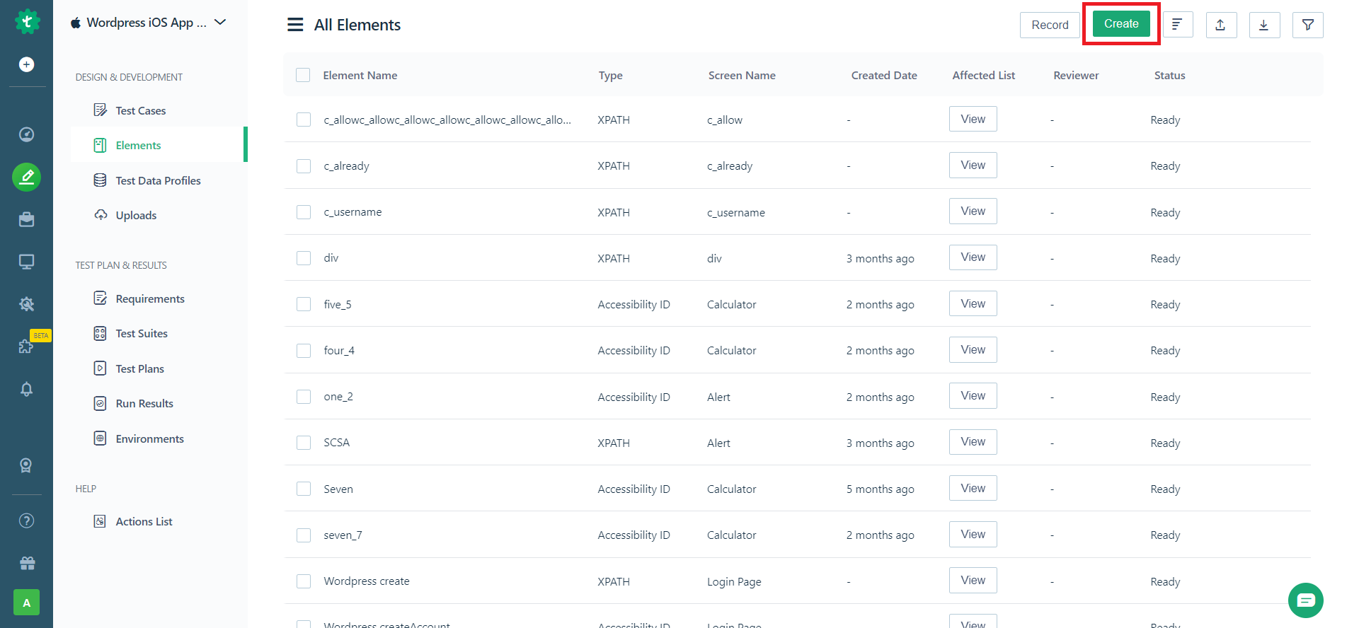create button on elements page under create one element at a time for an iOS project in Testsigma