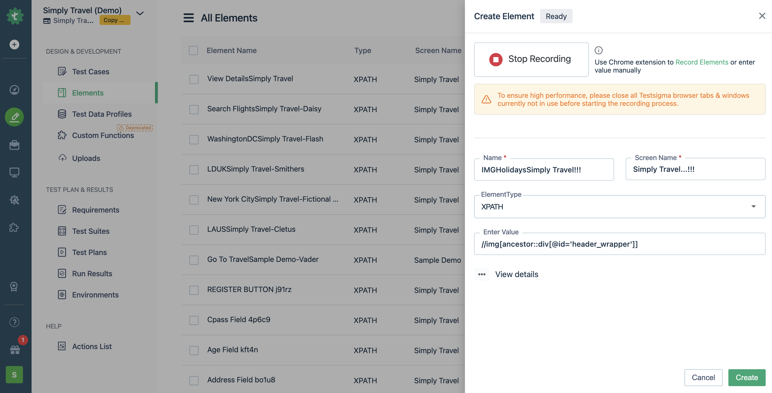 Captured element from Testsigma chrome extension