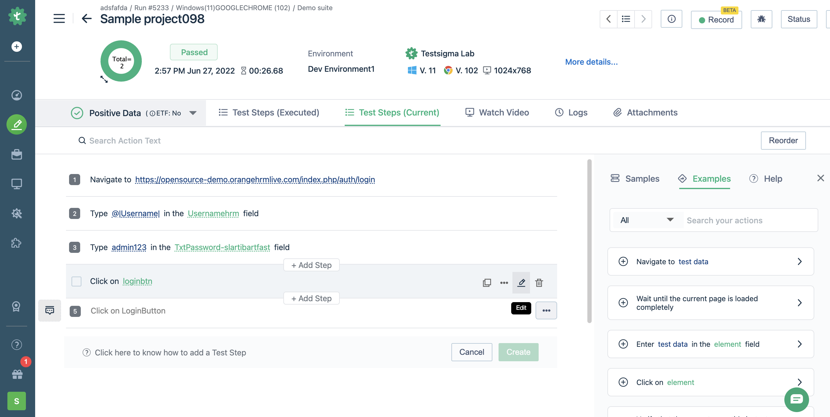 edit button on hover over a test step in test results in Testsigma