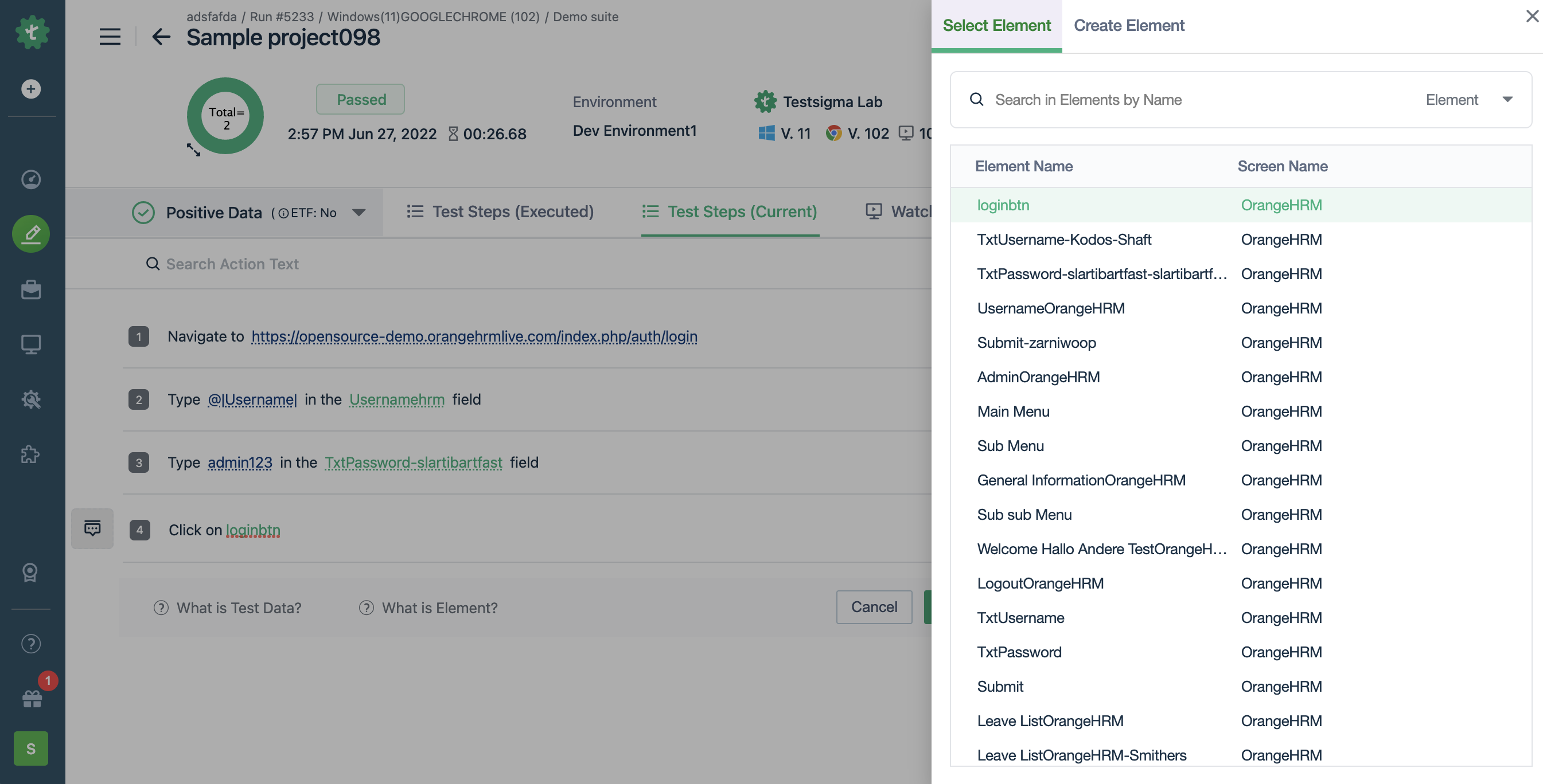 layover listing elements in project in Testsigma