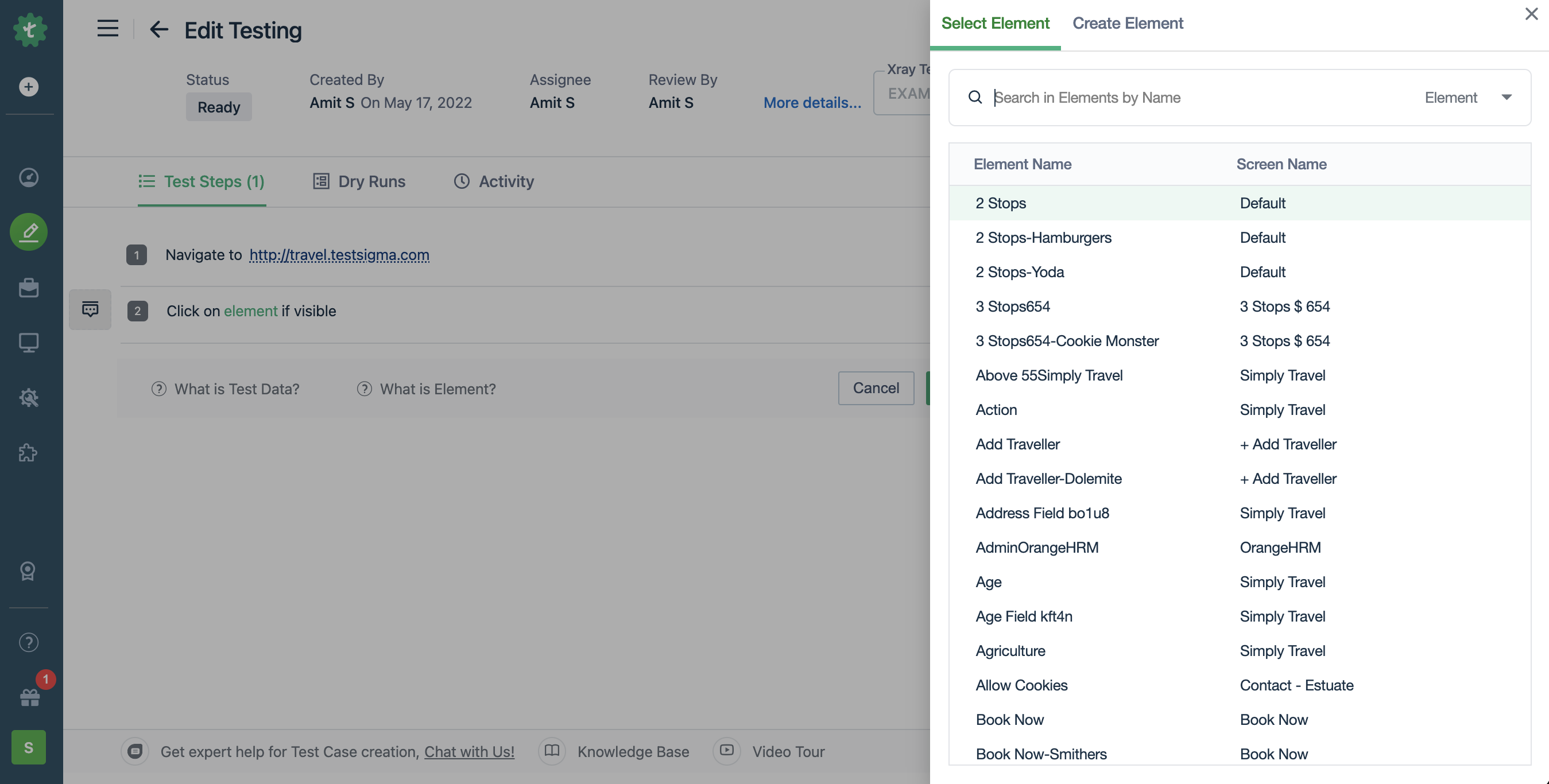 elements layover over a test case page in Testsigma
