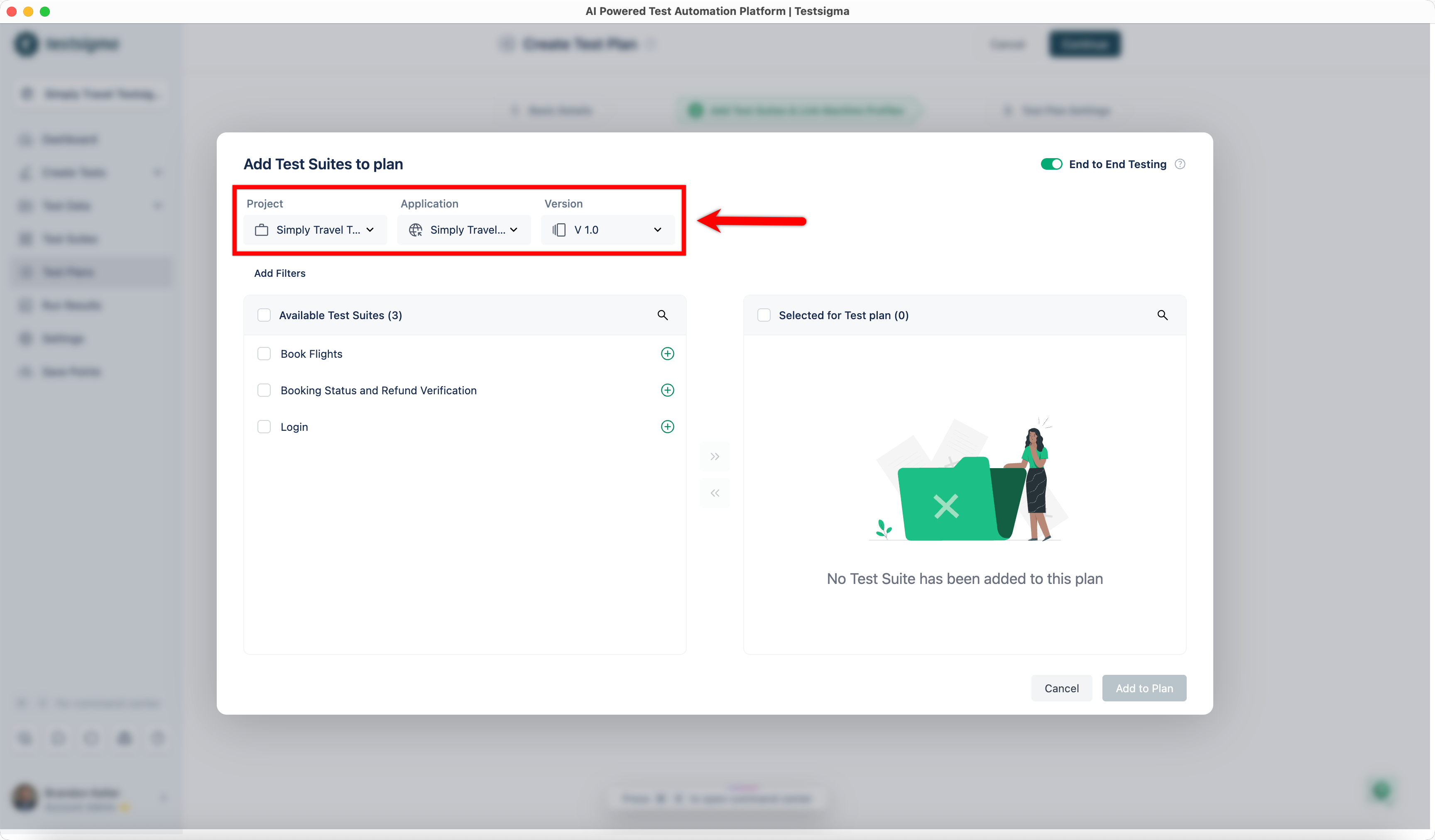 Select Project, Application & Version