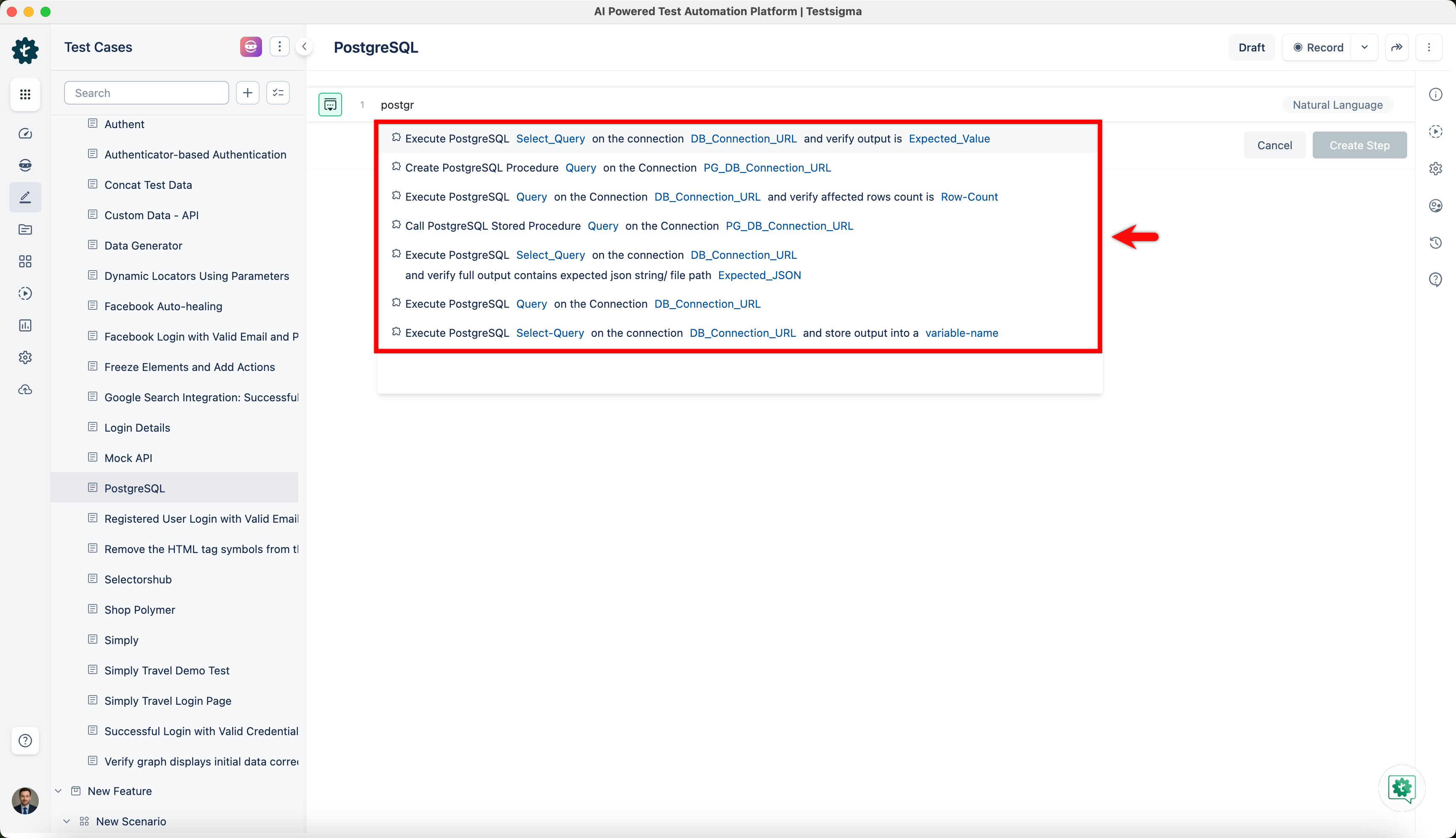 use postgresql in test steps