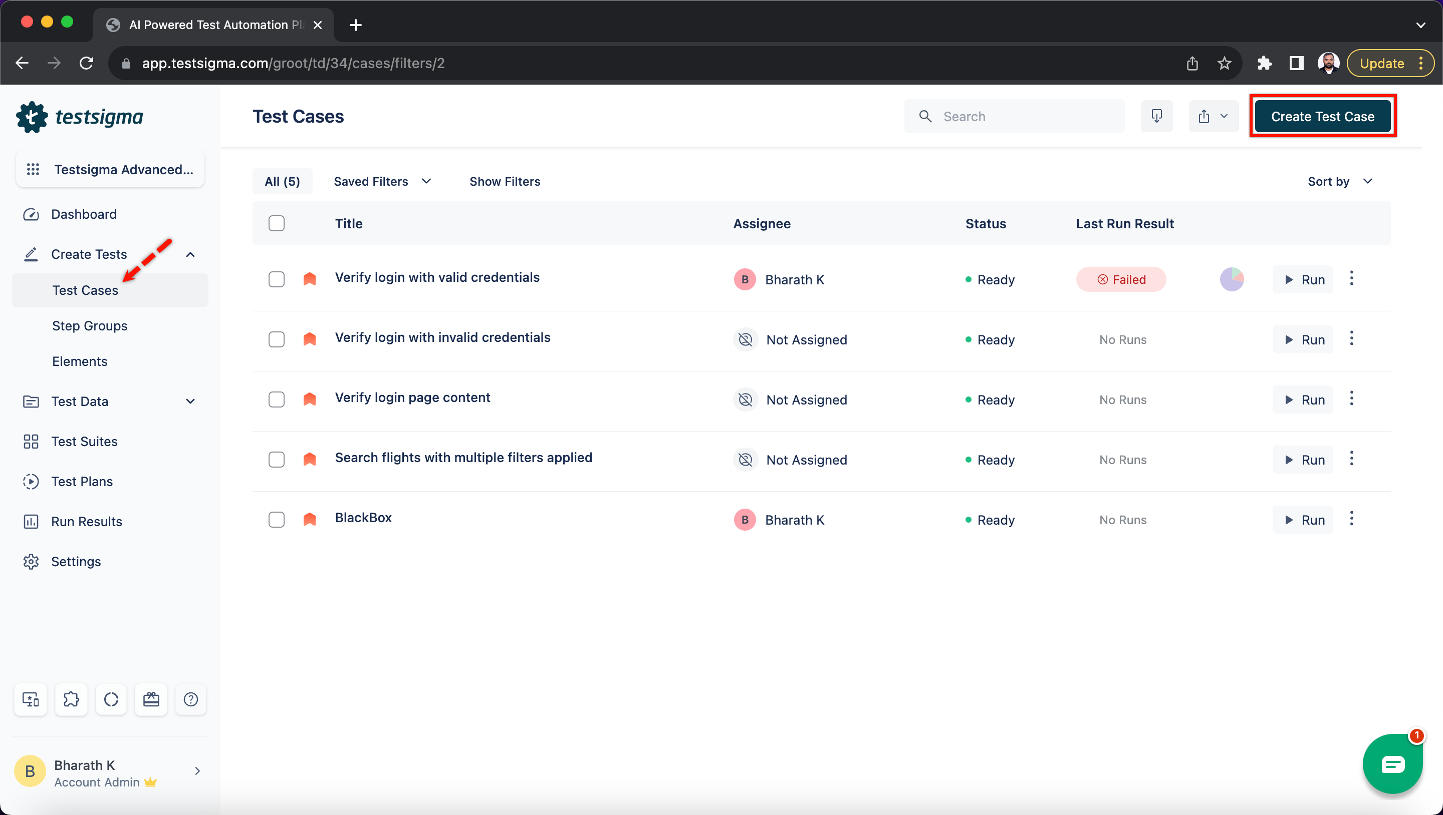 Navigate to Test Cases