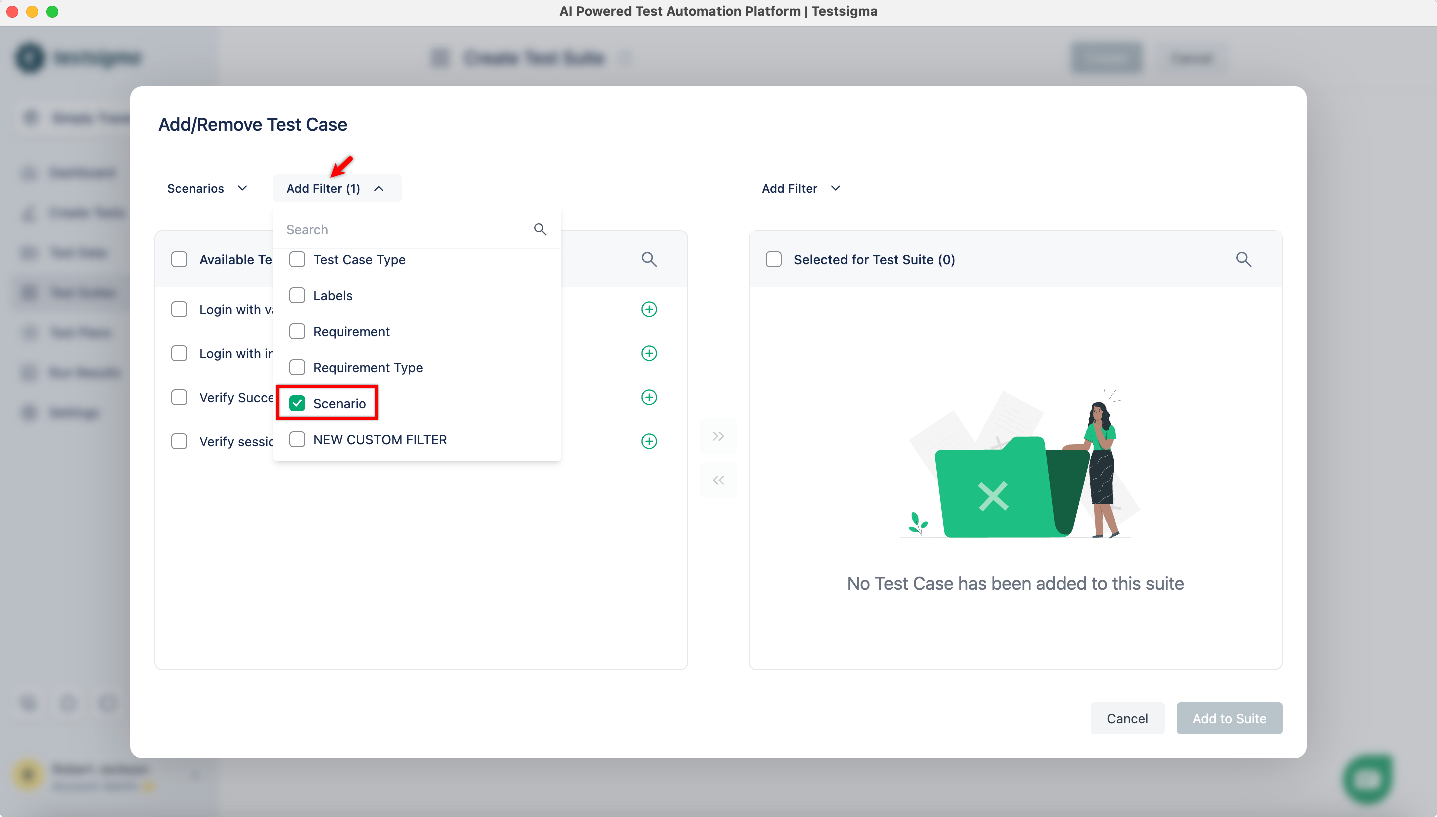 Filter While adding Test Cases