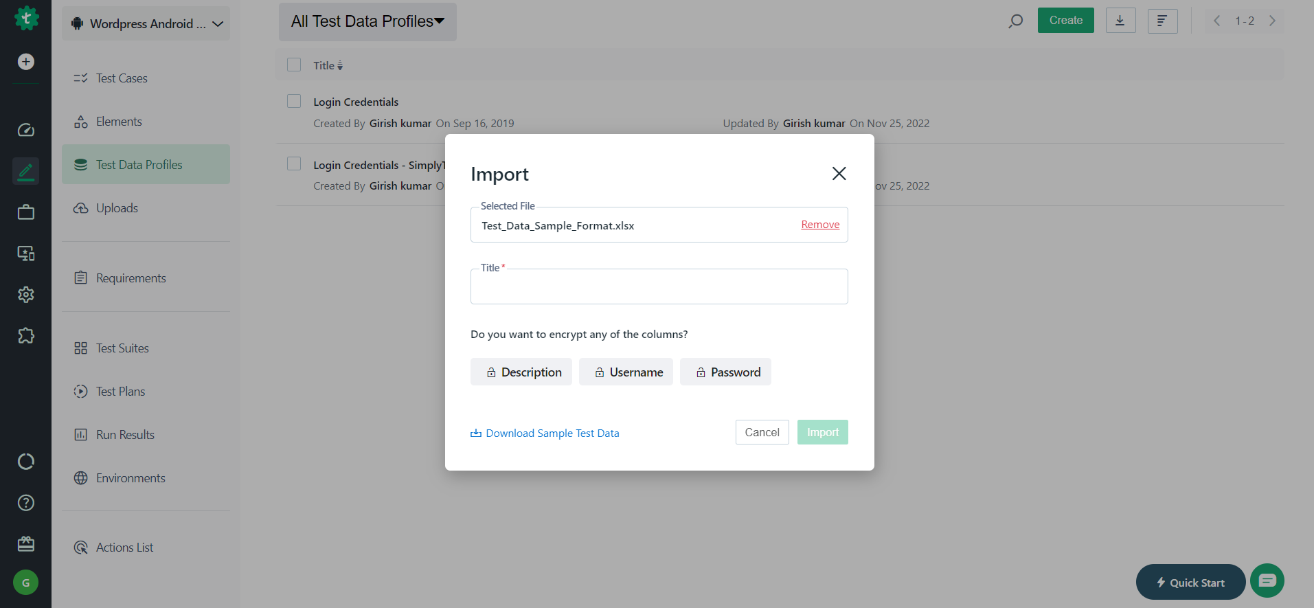 Import pop-up window