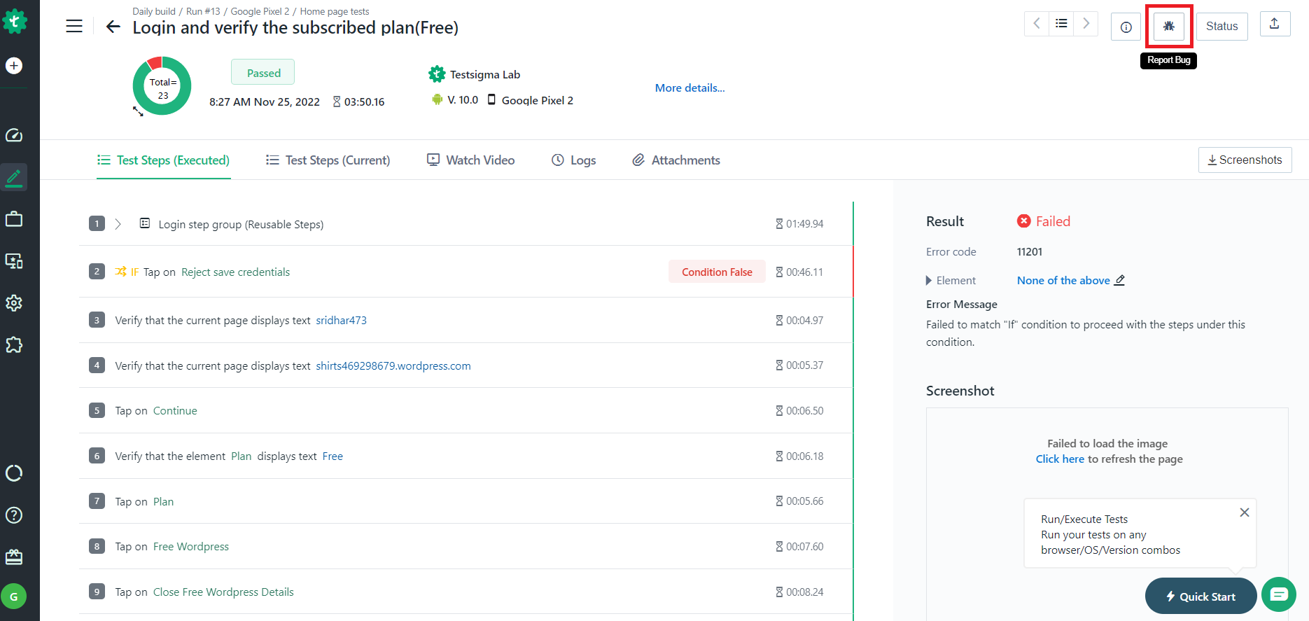 Click on Report bug
