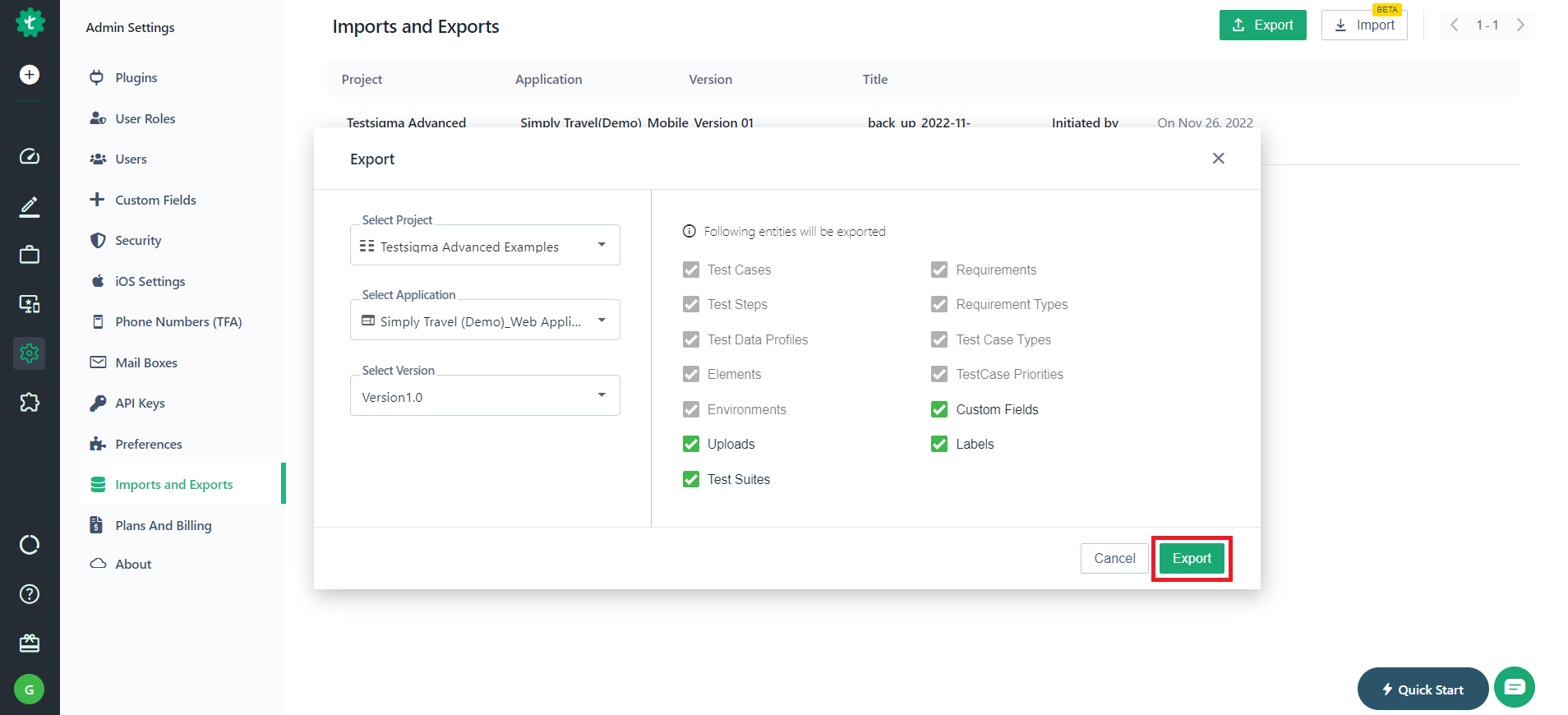 Click on Export