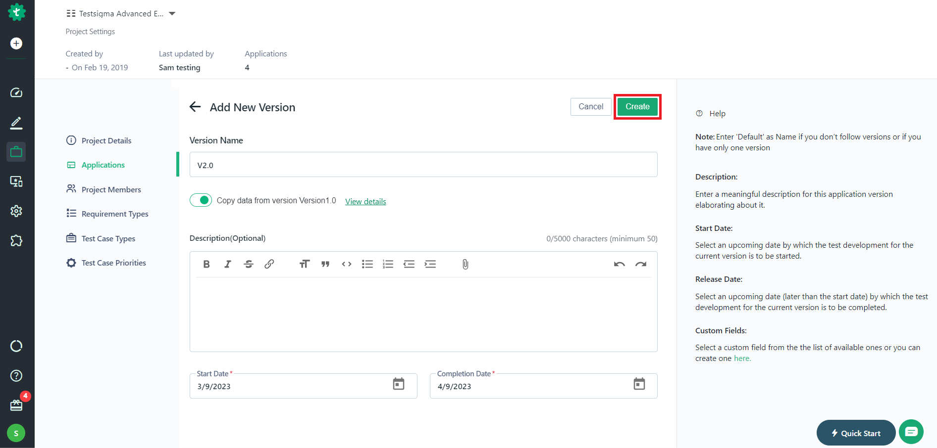 Create button
