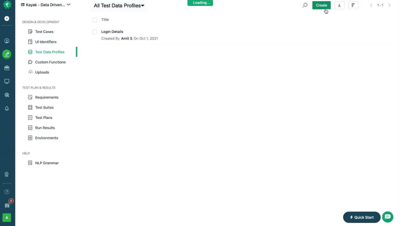 gif demonstrating creating test data profiles in Testsigma