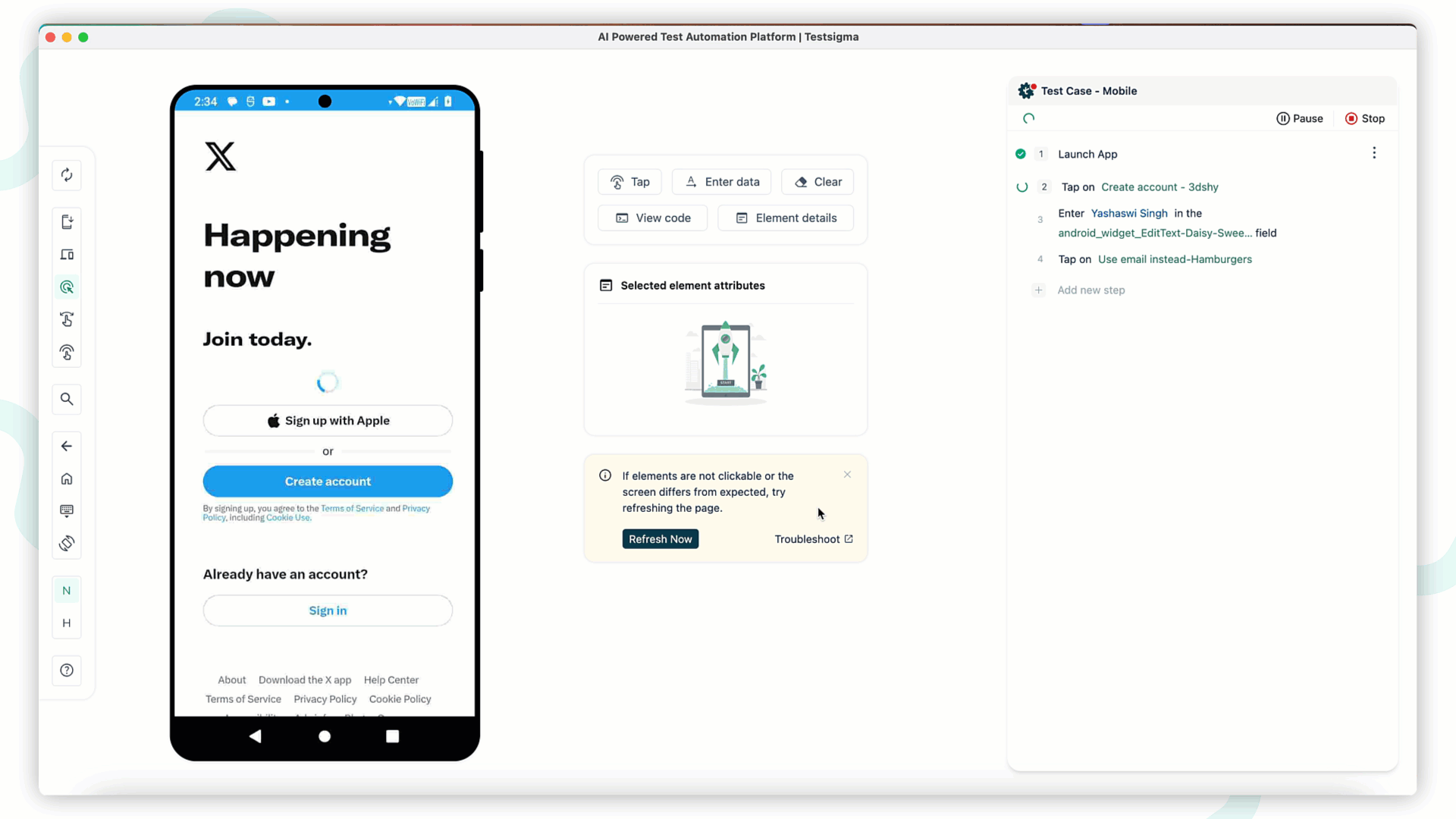 identifying errors during mobile test case execution