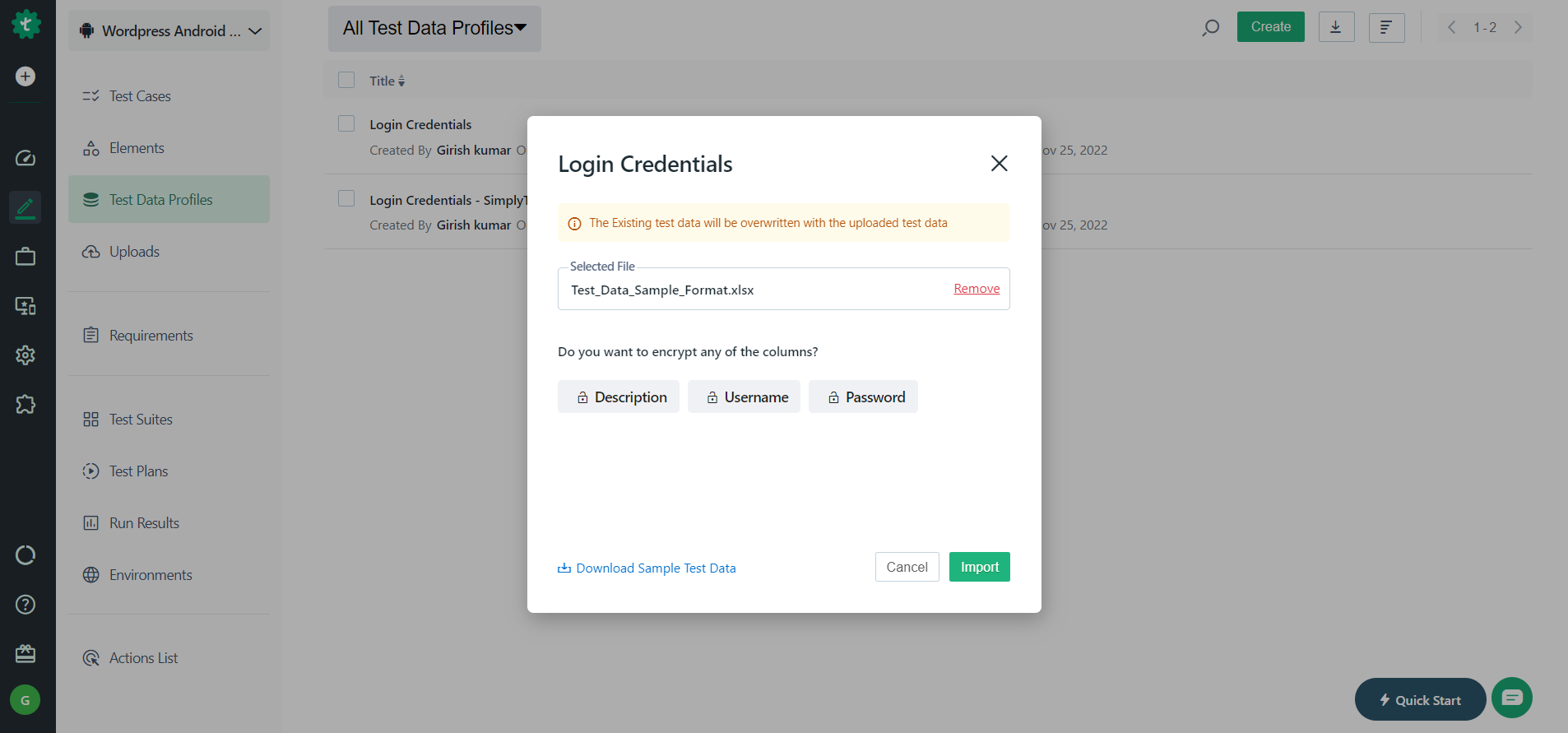 Login credentials pop-up window