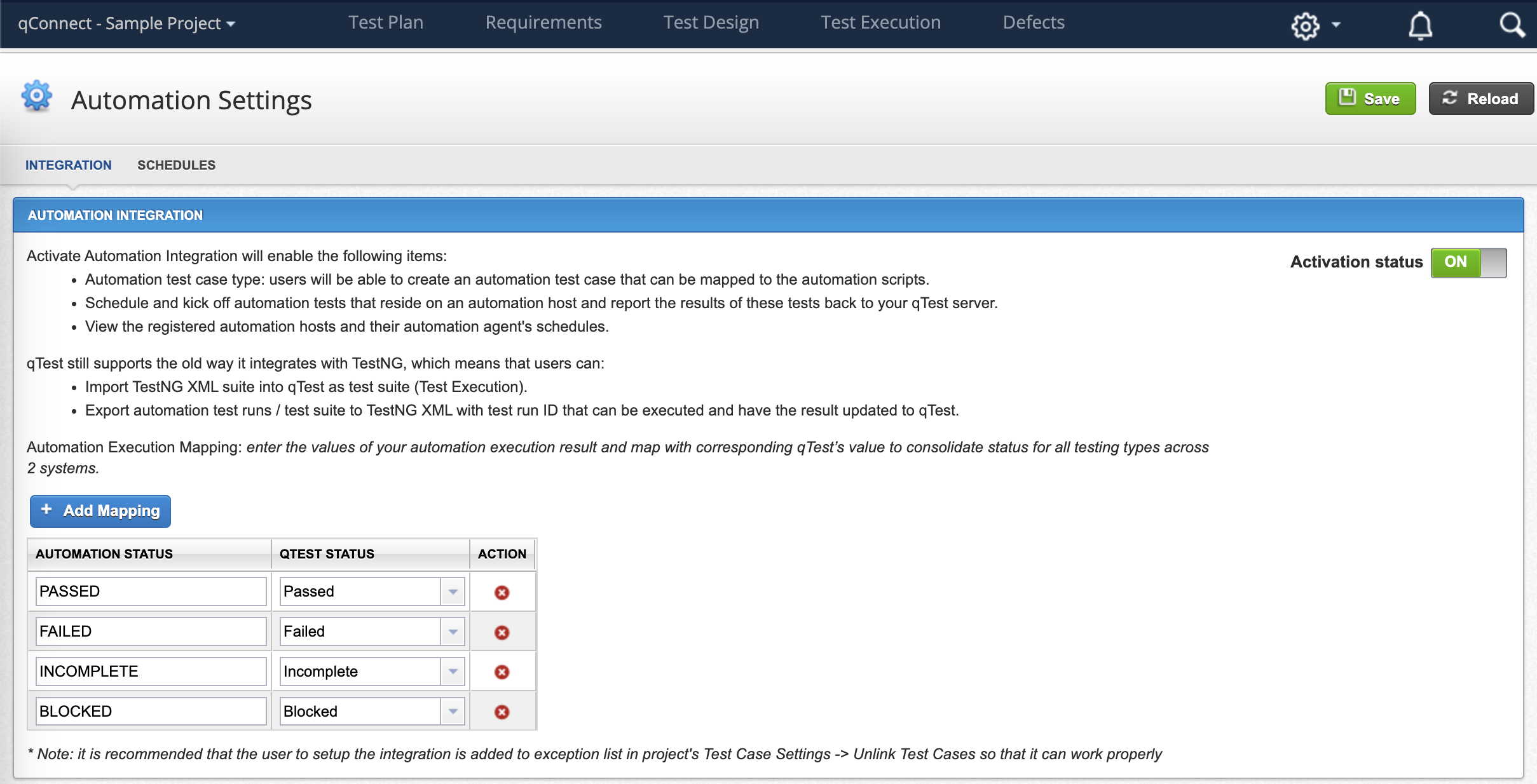 qTest Automation Settings