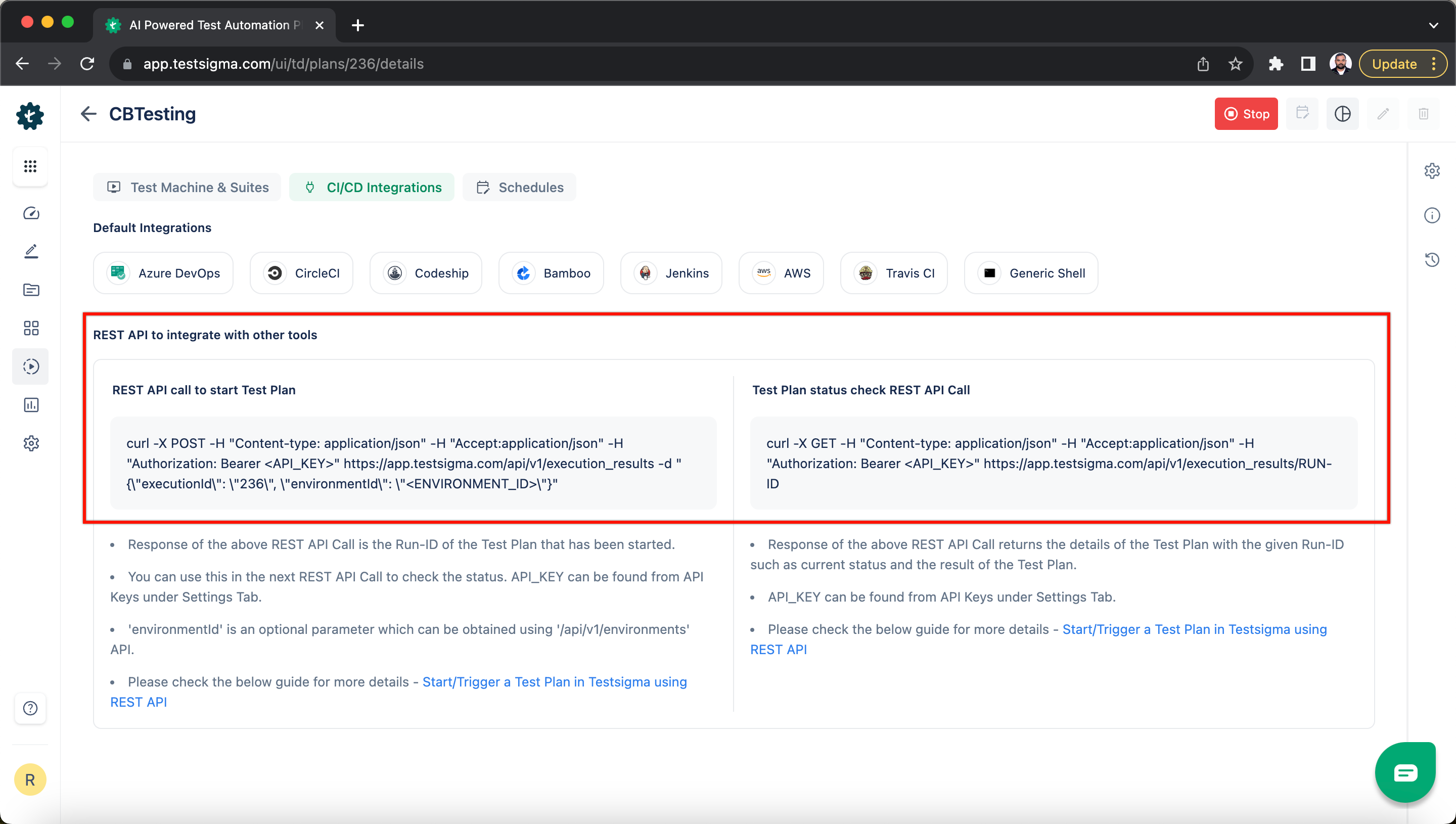 Test Plan detains inside the CICD tab of a test plan