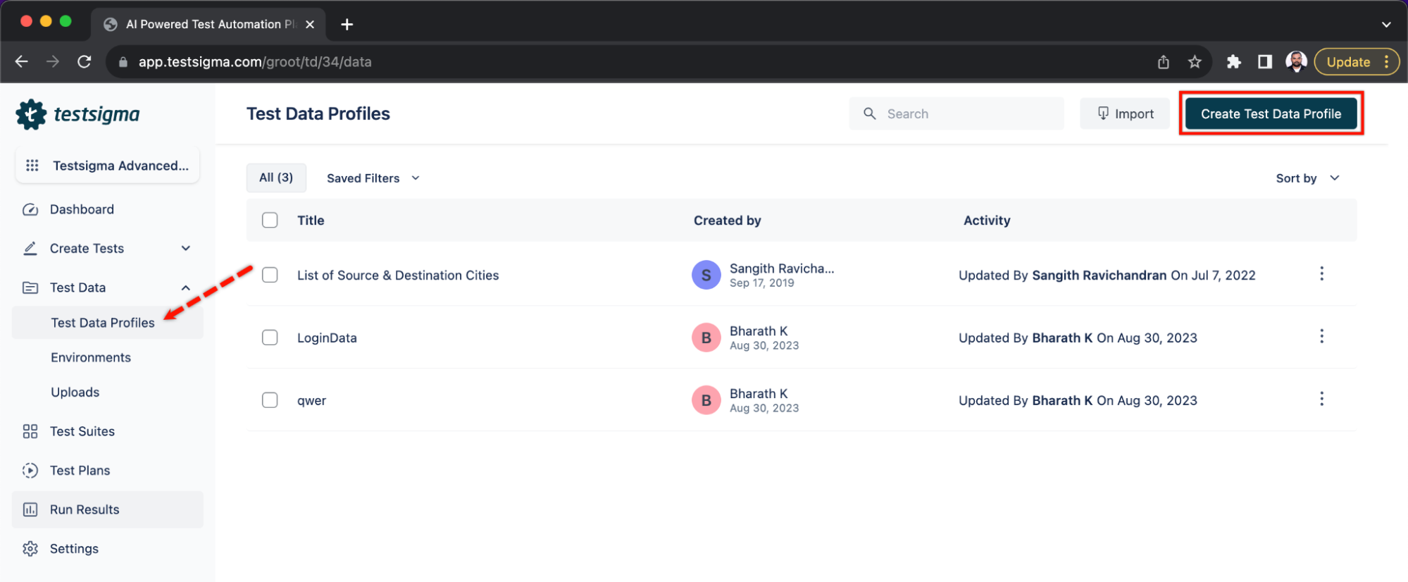 Create Test Data Profile