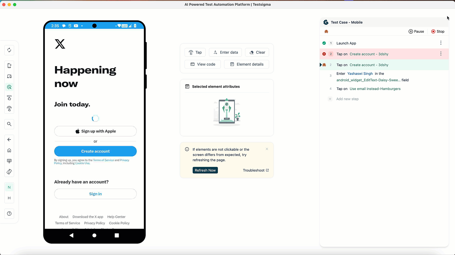 troubleshooting element not found error on mobile devices
